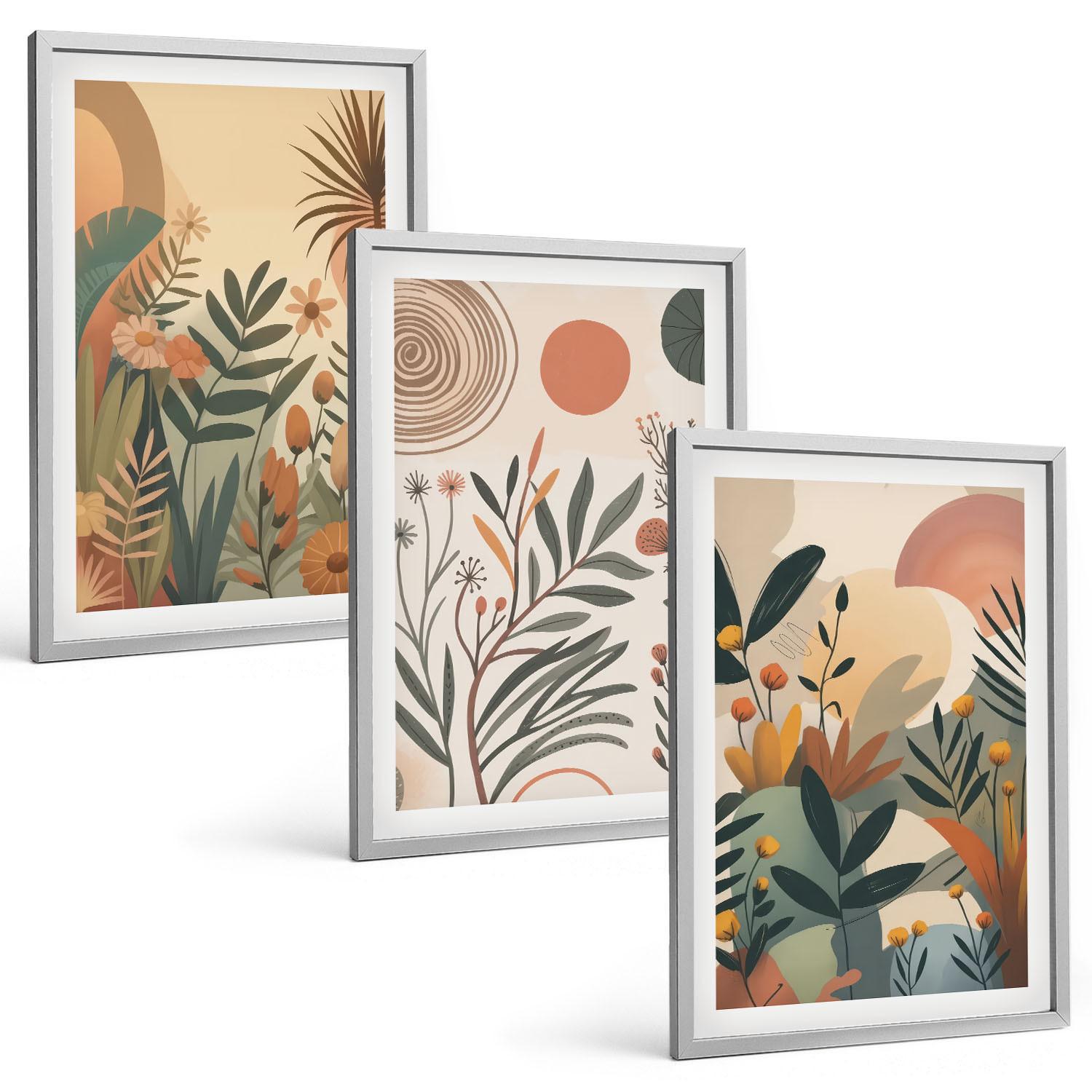 BILDER SET 3er Set - 40x60 cm Silberner Rahmen - Pflanzenmotive in gedeckten Farben - Silberfarben, Kunststoff (40/60cm) - TULUP