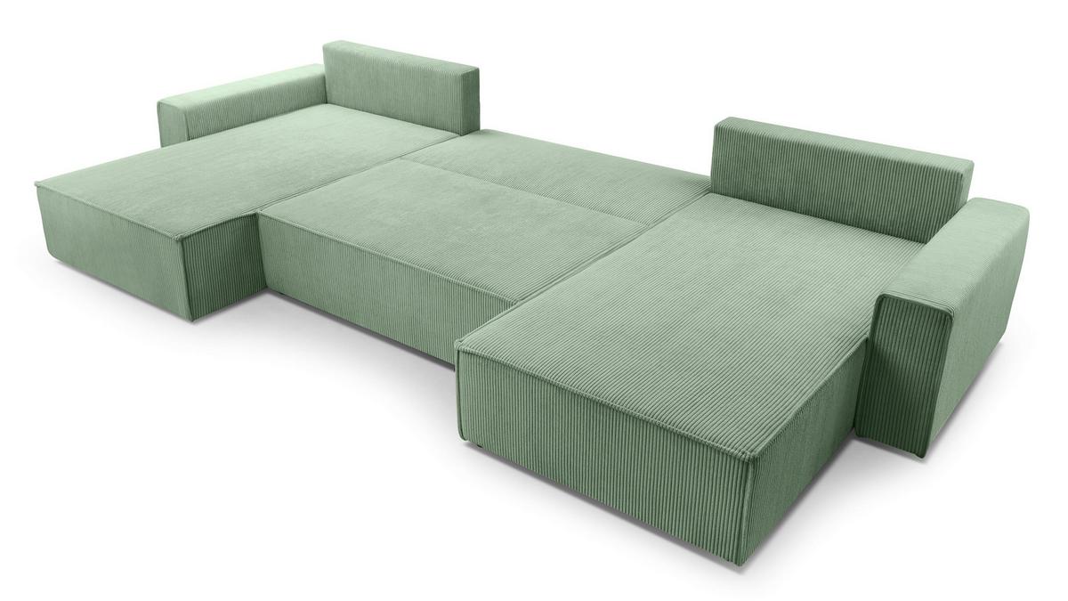 WOHNLANDSCHAFT Cedria Salbeigrün 389/145/85 cm mit Schlaffunktion - Schwarz/Grün, Kunststoff/Textil (389/85/145cm) - AX Living