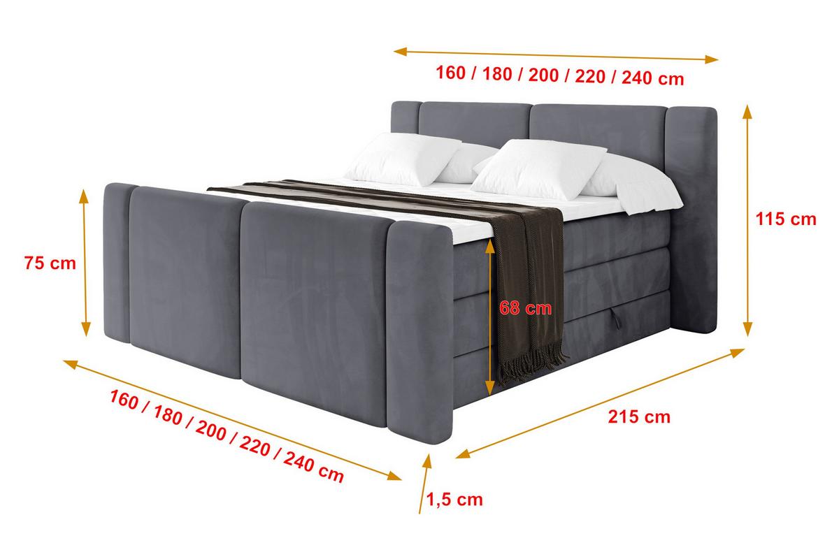 BOXSPRINGBETT mit Matratze H3/H4 - EVON KING Zanozek - 180x200 cm Dunkelgrau - Dunkelgrau, Holzwerkstoff (180/200cm) - ALTDECOR
