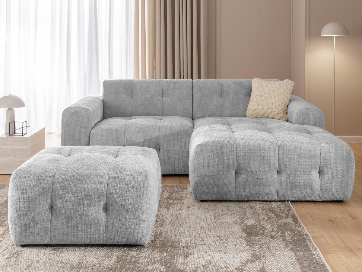 ECKSOFA inkl. Hocker Kozy im Bumpy-Design mit Schlaffunktion und fester Rückenlehne aus weichem Hellgrau Chenille-Stoff - Ottomane rechts - Hellgrau/Schwarz, Holz/Kunststoff (234/161cm) - S-Style Möbel