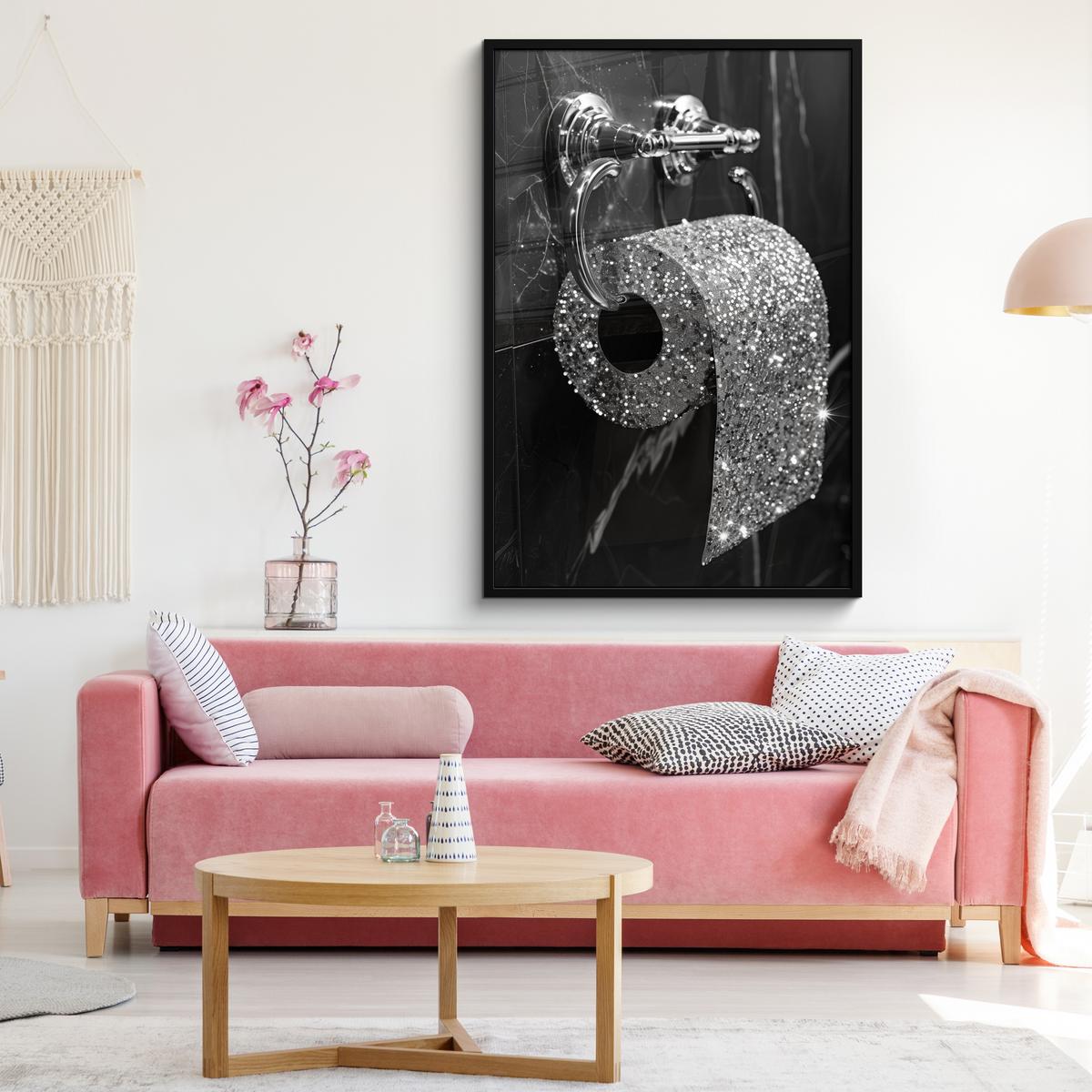 POSTER MIT RAHMEN WC - Toilettenpapier - Schwarz und weiß - Glitter Bilderleiste 80x120 cm - Silberfarben, Papier (80/120cm) - MuchoWow