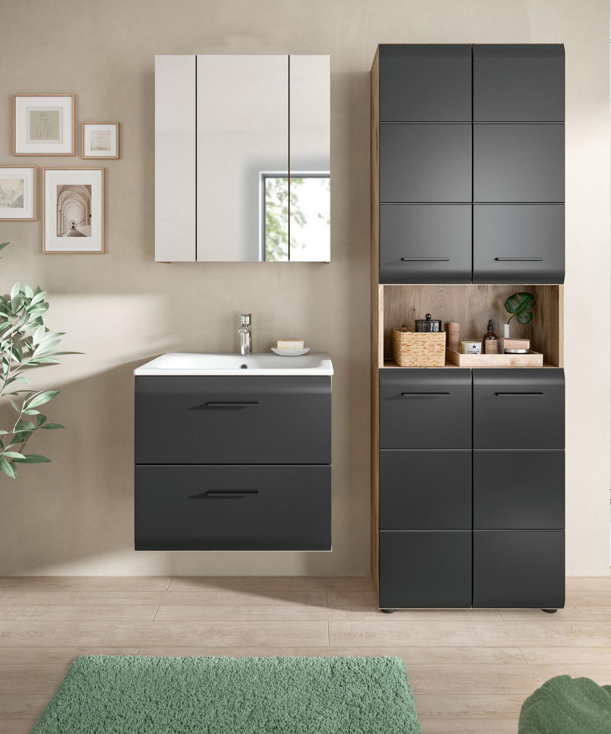 SPIEGELSCHRANK Eiche Nox, Badschrank Spiegel 3-türig / 3D, 9 Fächer 60 x 70 cm - Eichefarben, Glas/Holzwerkstoff (60/70/18cm) - Inn.Furn