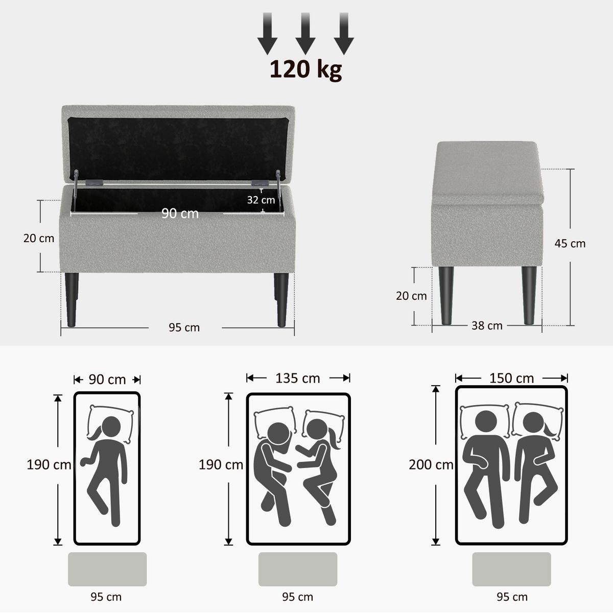 TRUHENBANK Samt, Grau - Grau, Kunststoff (38/45/95cm) - HOMCOM