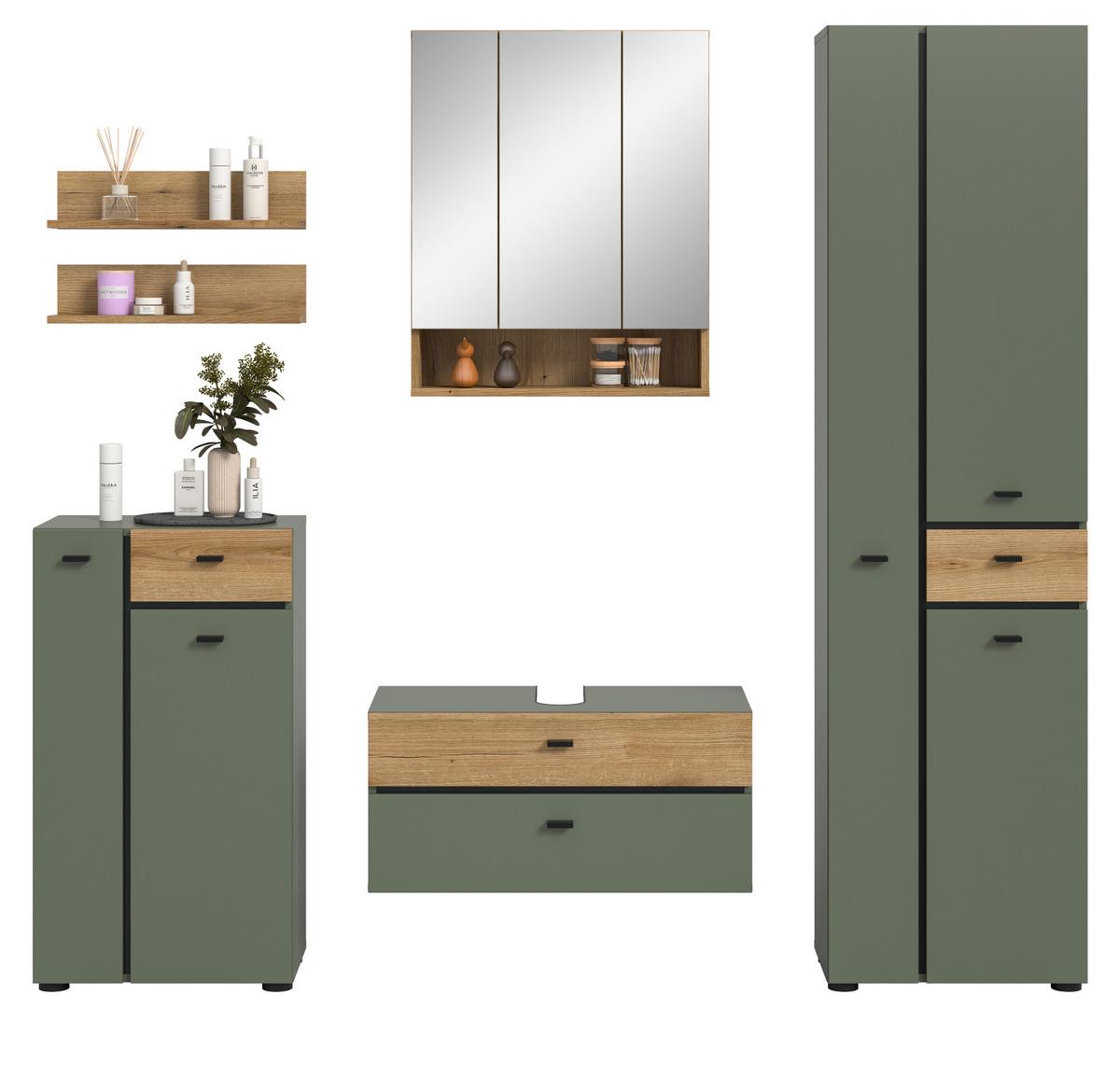 BADMÖBEL-SET grün, Evoke Eiche 6-teilig 207 cm, Komplettset mit viel Stauraum - Eichefarben/Schwarz, Glas/Holzwerkstoff (207/191/35cm) - Inn.Furn