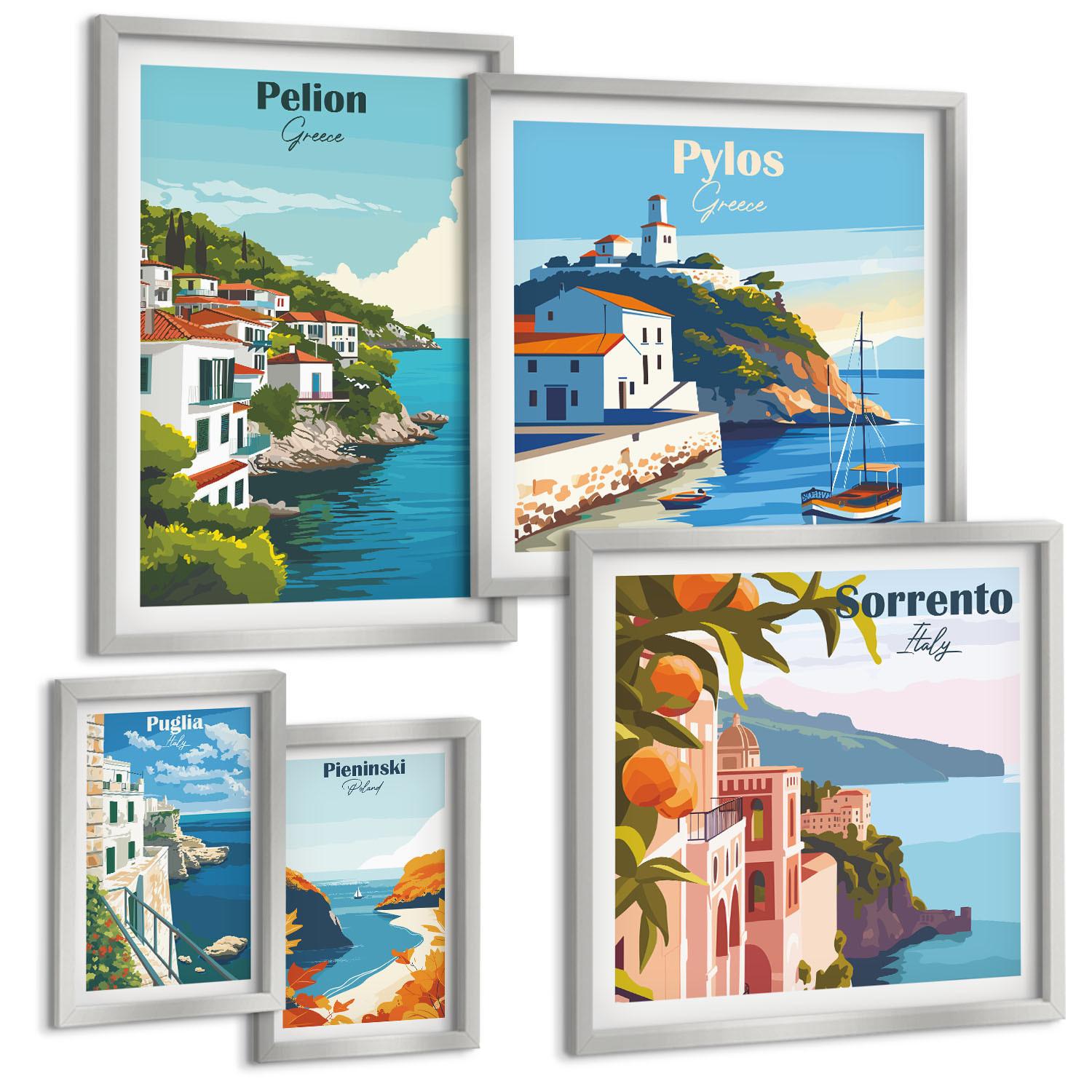 BILDER SET 5er Set - 50x50 cm & 20x30 cm & 40x60 cm Silberner Rahmen - Farbenfrohe Illustrationen von Retro-Städten - Silberfarben, Kunststoff (40/60cm) - TULUP