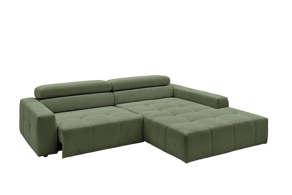 ECKSOFA MIT MOTORISCHEM SITZVORZUG RENO Grün Cord Relaxfunktion - Schwarz/Olivgrün, Kunststoff/Textil (258/217cm) - KAWOLA