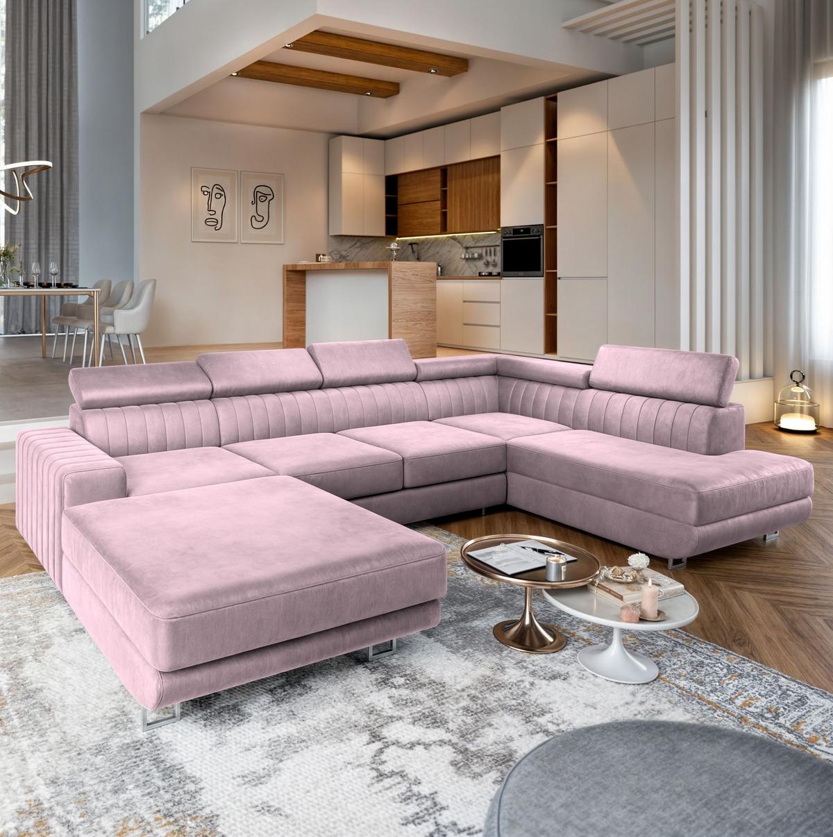 WOHNLANDSCHAFT SIENA R-S Lila Velours-Stoff mit Schlaffunktion - Lila/Silberfarben, Holz/Textil (335/89/190cm) - MASSENO