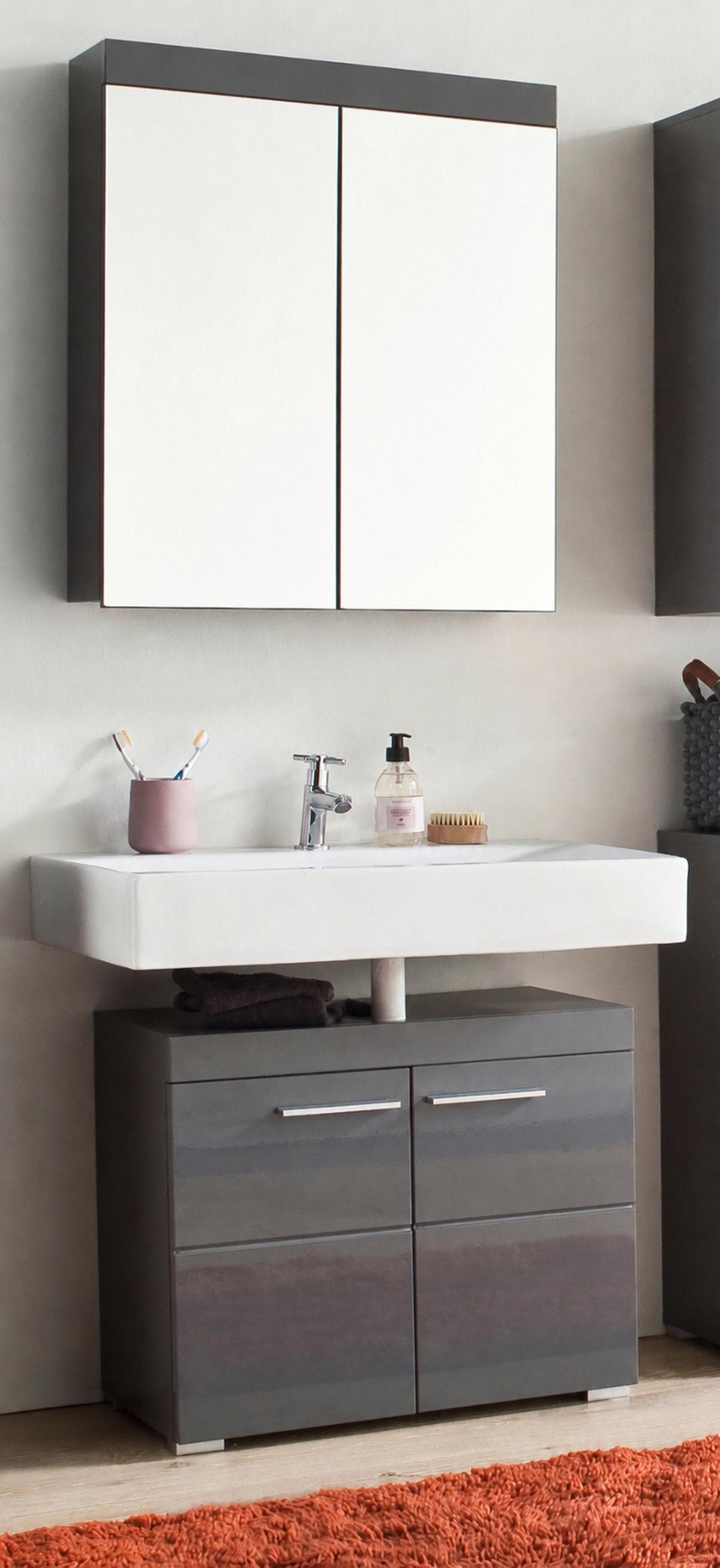 BADMÖBEL-SET grau Hochglanz 2-teilig 60 x 190 cm, Badkombnation in modernem Design - Grau, Glas/Holzwerkstoff (60/77/17cm) - Top.Furn