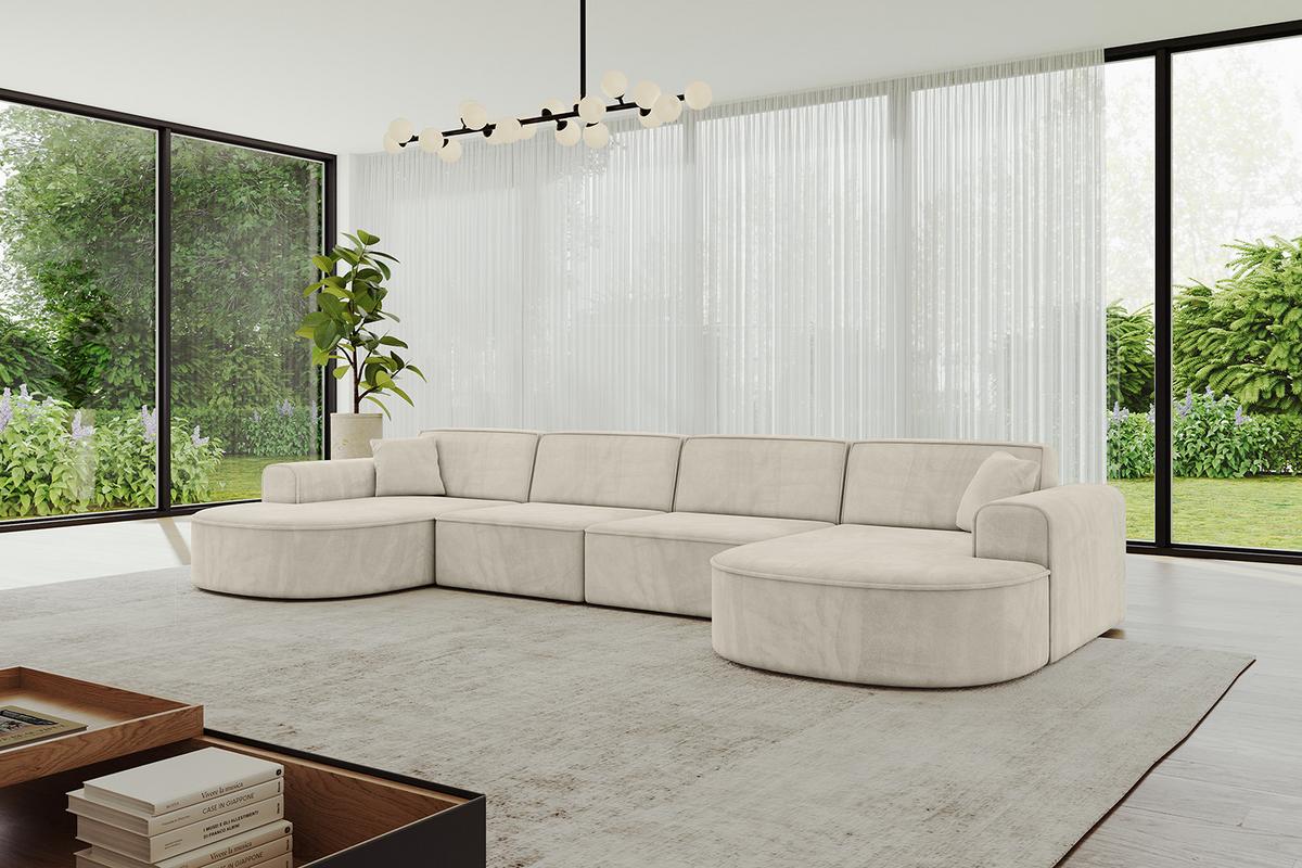 WOHNLANDSCHAFT MARI-U2 - 388x171x79 cm Ecru Velours - Ecru/Schwarz, Holzwerkstoff/Kunststoff (388/79/171cm) - ALTDECOR
