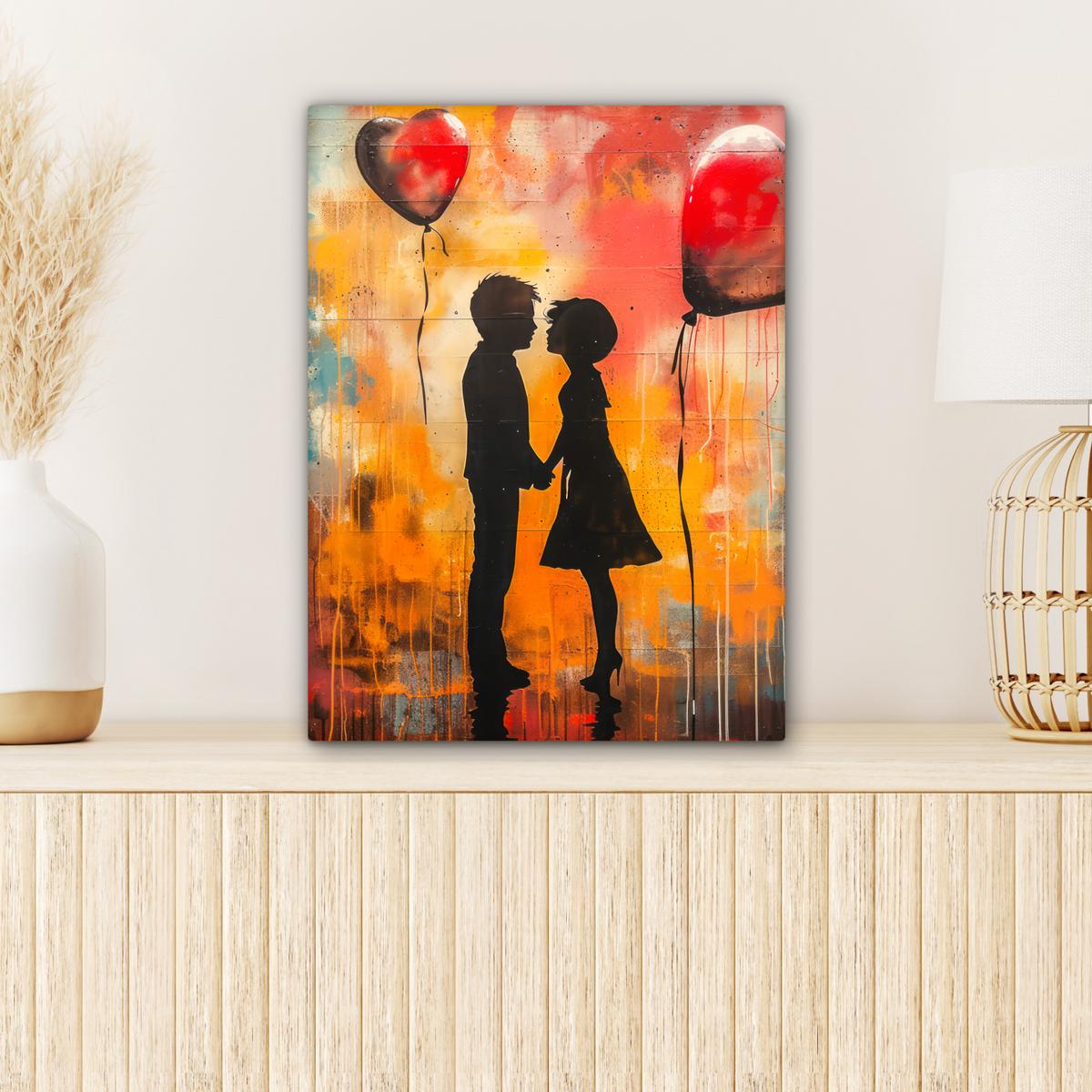 LEINWANDBILD Straßenkunst - Liebe - Graffiti - Kunst - Banksy Room Decor 30x40 cm - Orange, Textil (30/40cm) - MuchoWow