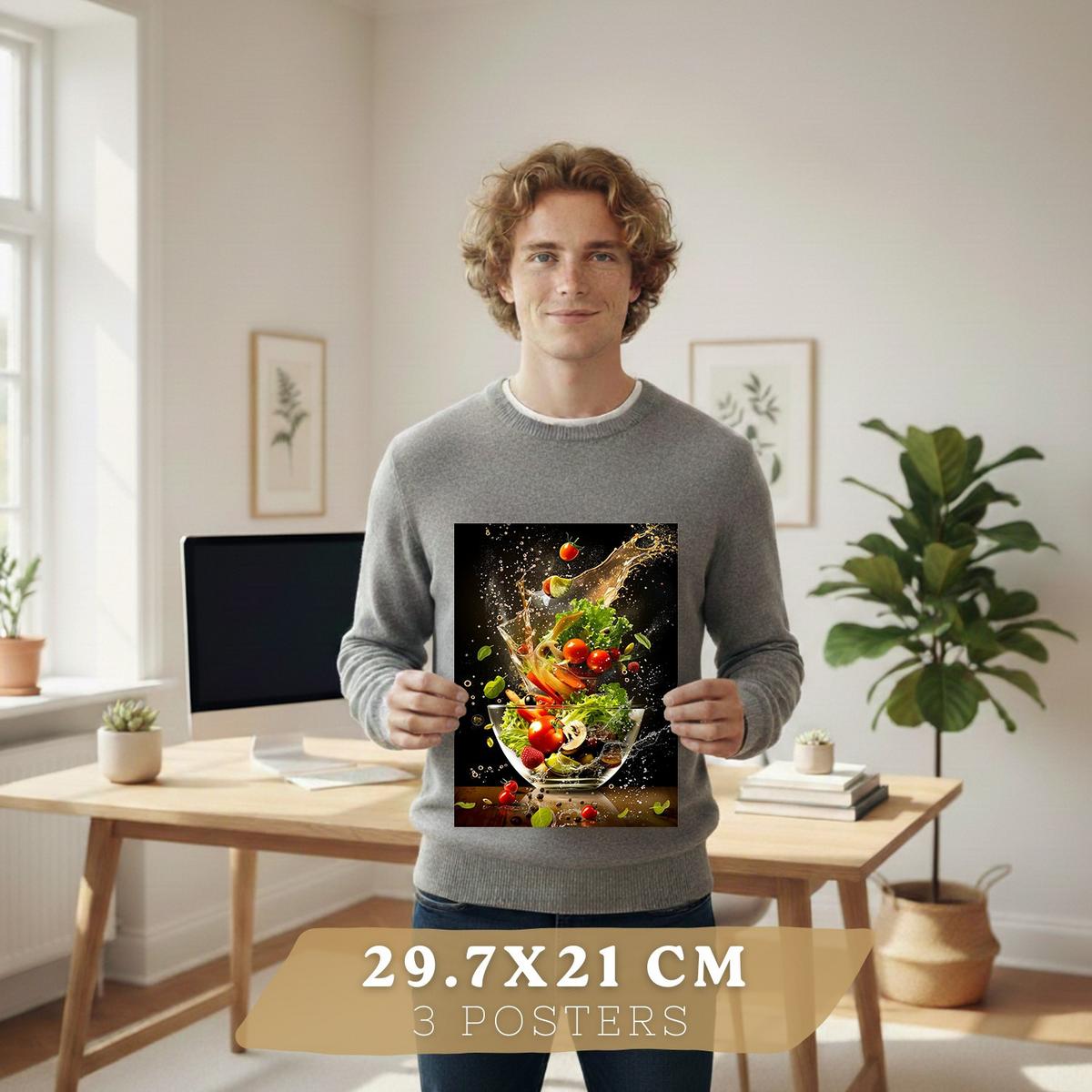 POSTER 3er Set Küchen-Wandbilder Dessert Salat und Obst Splash Fotografie Schwarzer Hintergrund Esszimmer Schwarzer Rahmen A4 - Schwarz, Papier (29.7/1/21cm) - Nacnic