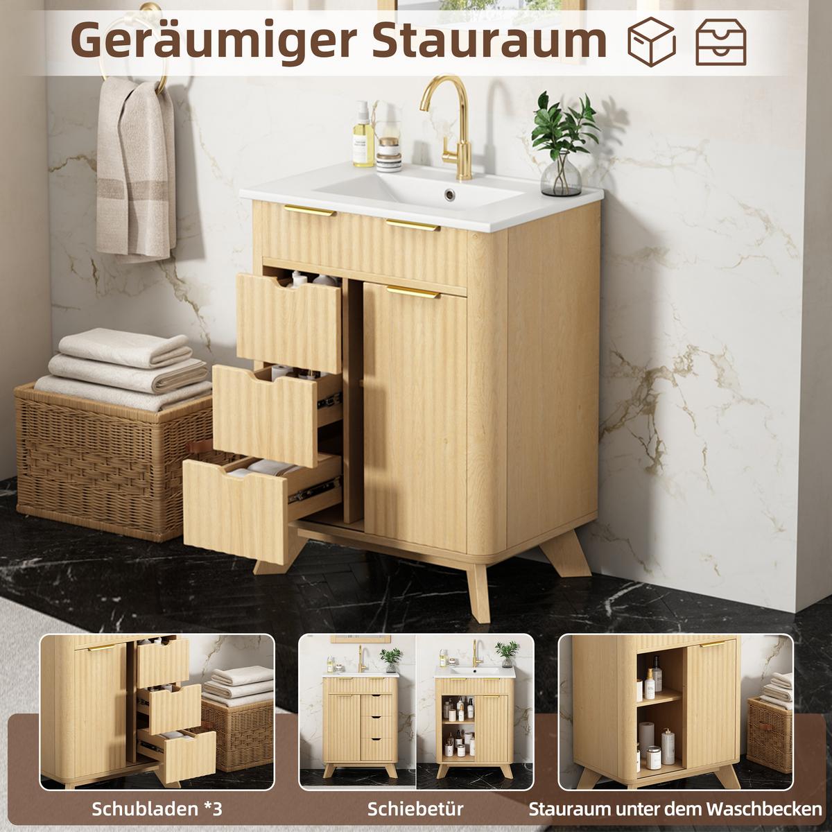 WASCHTISCHUNTERSCHRANK Holzoptik mit Wellenmuster, Schiebetür & 3 Schubladen - Naturfarben, Holzwerkstoff (61/90/47cm) - Urban Meuble