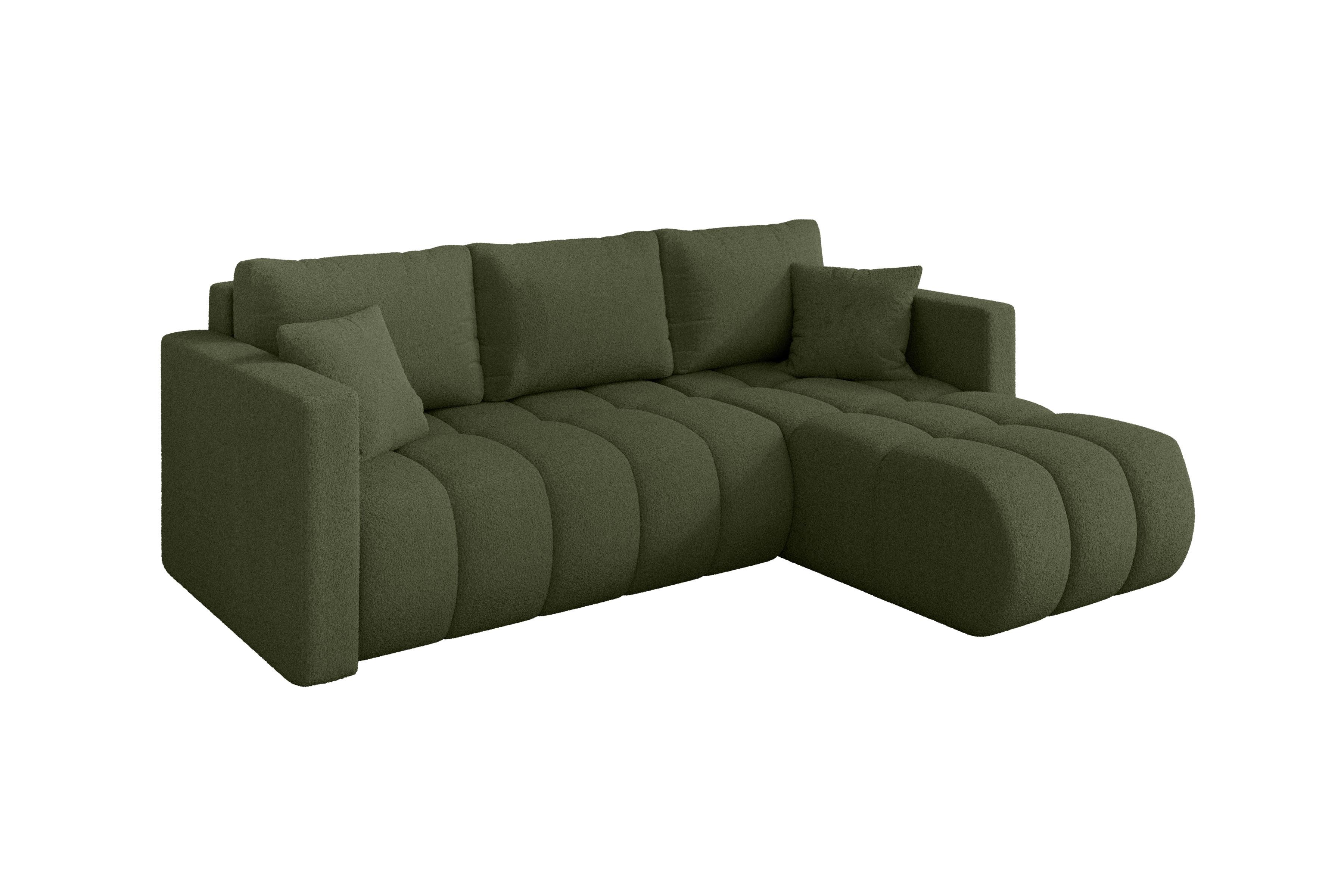 ECKSOFA mit Schlaffunktion Ottomane Rechts GARD-L 226x146x85 Grün Bouclé - Schwarz/Olivgrün, Holzwerkstoff/Kunststoff (226/146cm) - ALTDECOR