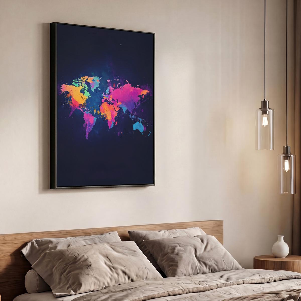 LEINWAND Bilder mit Rahmen - Weltkarte - Bunt - Graffiti - 70x100 - Multicolor, Textil (70/100cm) - MuchoWow