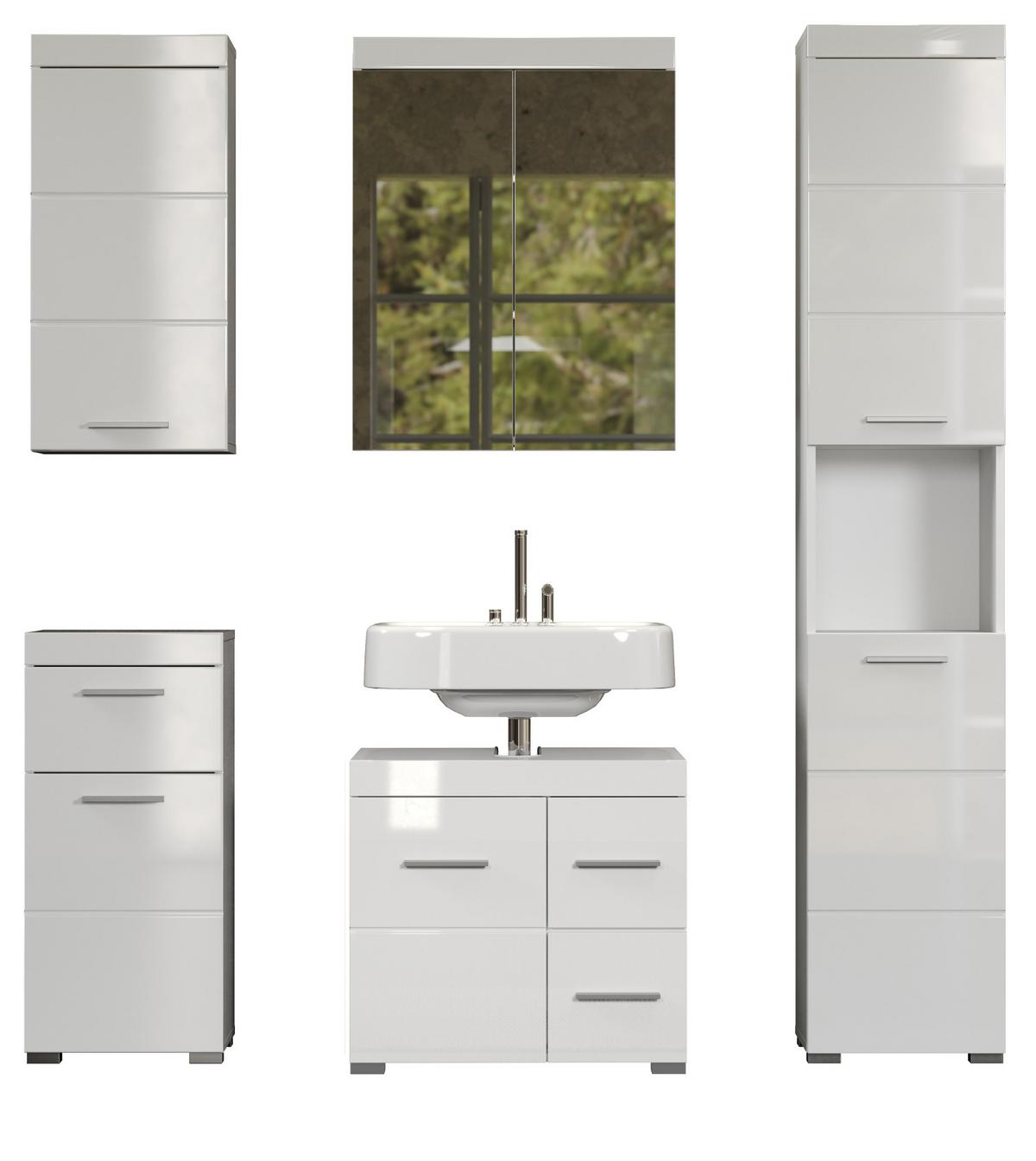 BADMÖBEL-SET weiß Hochglanz 5-teilig 163 x 190 cm, Badezimmer-Schränke mit viel Stauraum - Weiß Hochglanz/Alufarben, Glas/Holzwerkstoff (163/190/34cm) - Top.Furn