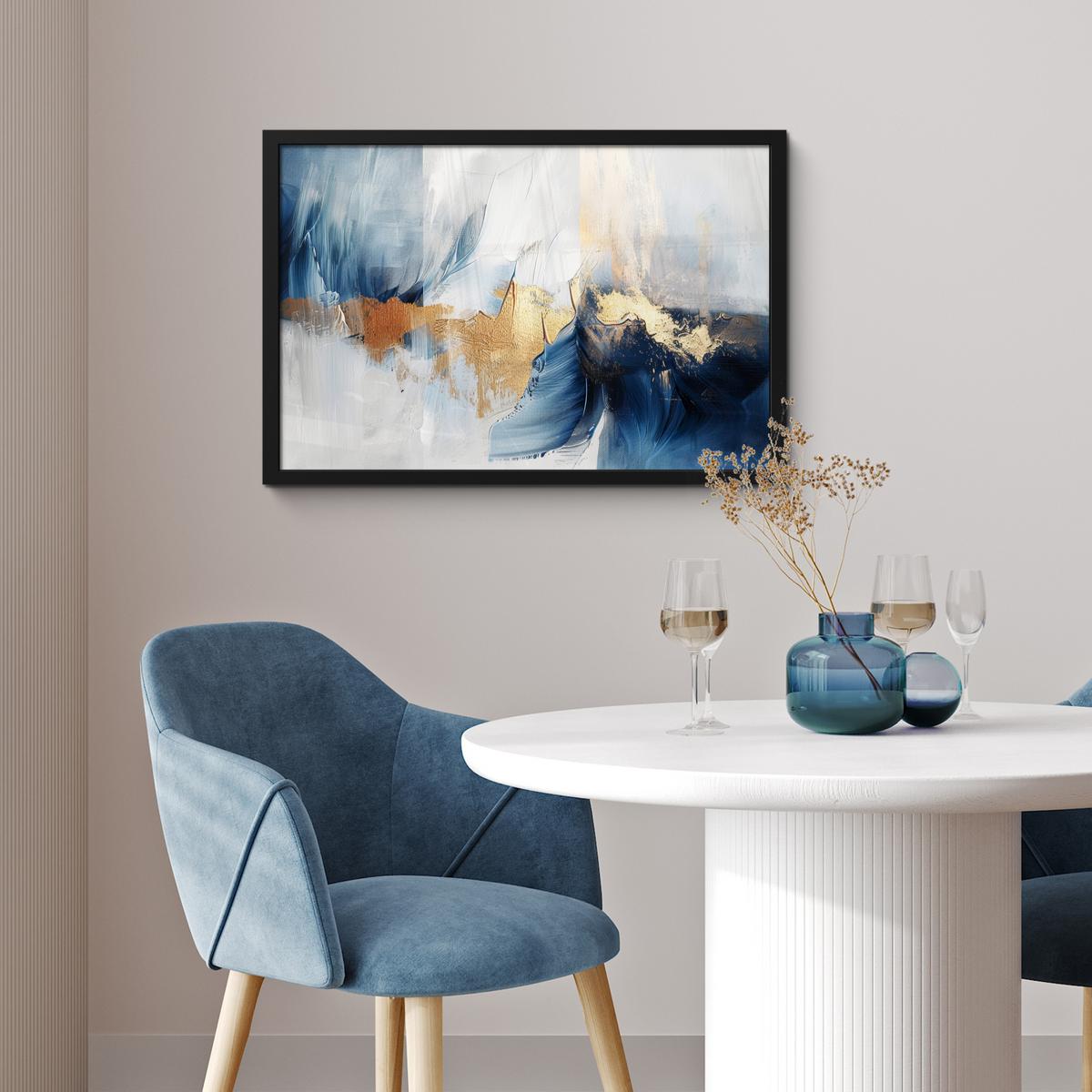 POSTER MIT RAHMENGERAHMTES BILD Gold - Blau - Aquarell - Kunst - Modern 60x40 cm - Hellblau, Papier (60/40cm) - MuchoWow
