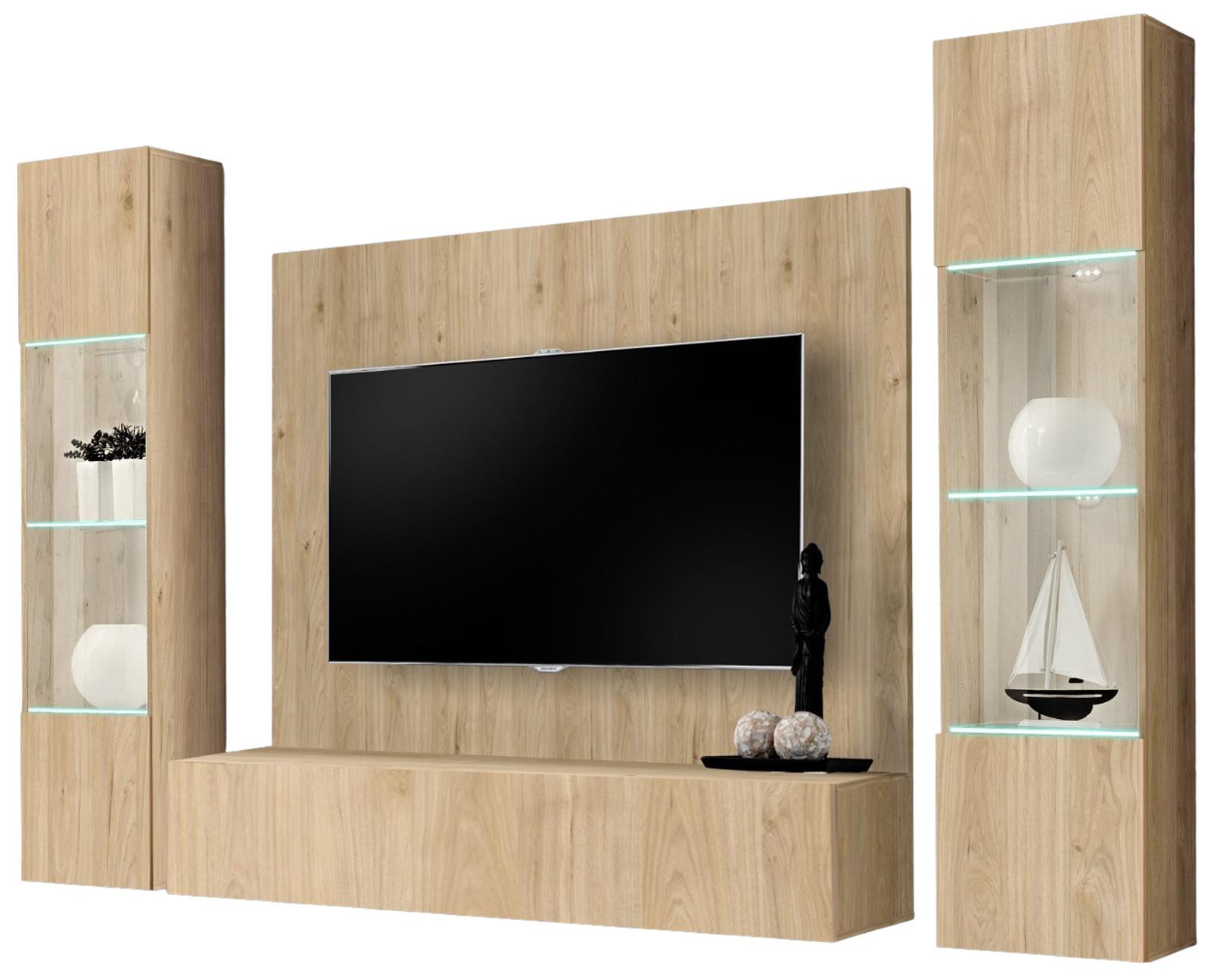 WOHNWAND Eiche Jackson 4-teilig 260 cm hängend, Schrankwand mit LED und Push-to-Open - Eichefarben, Glas/Holzwerkstoff (260/170/40cm) - Inn.Furn