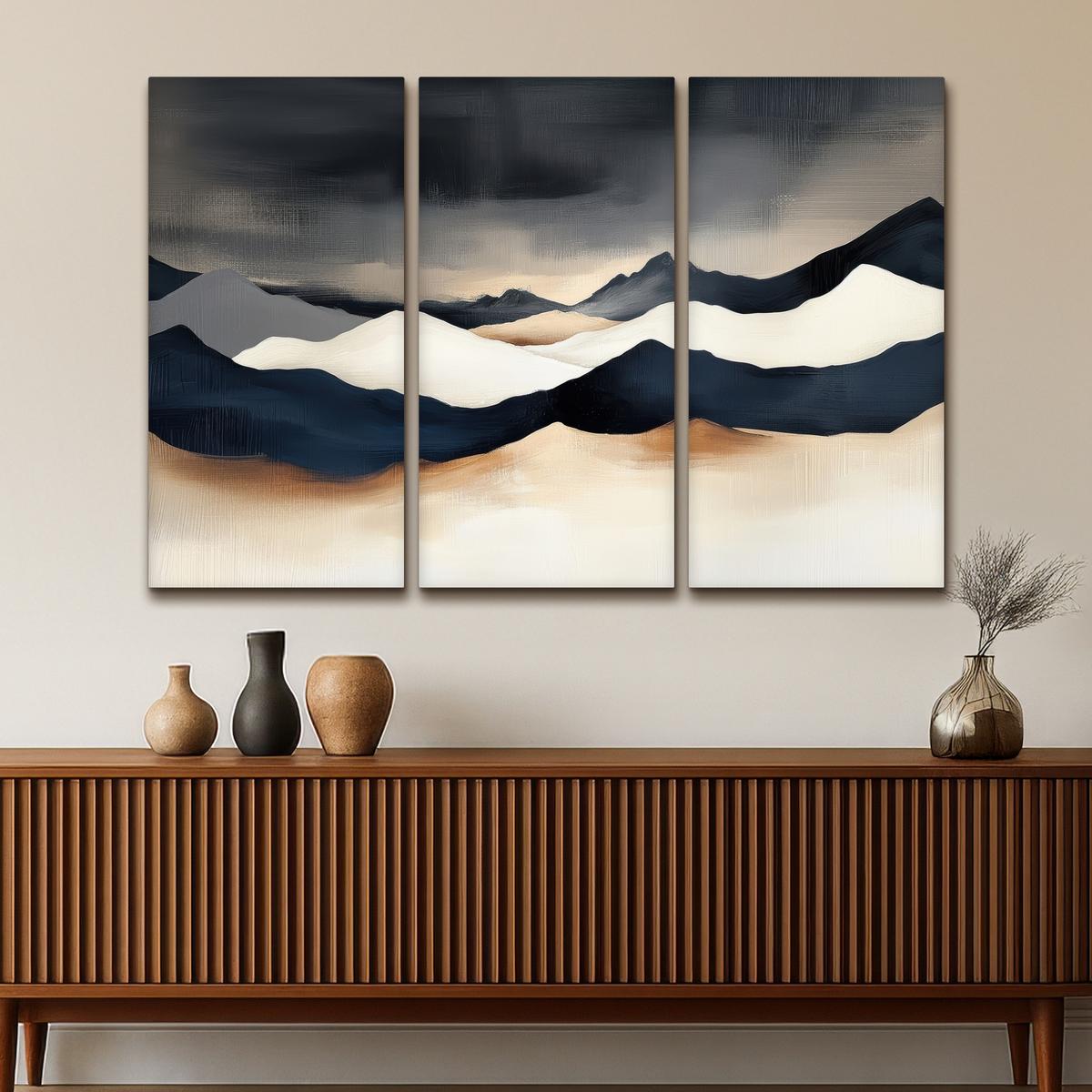 LEINWANDBILD 3er Set Landschaft - Abstrakt - Modern 150x100 cm - Dunkelblau, Textil (150/100cm) - MuchoWow