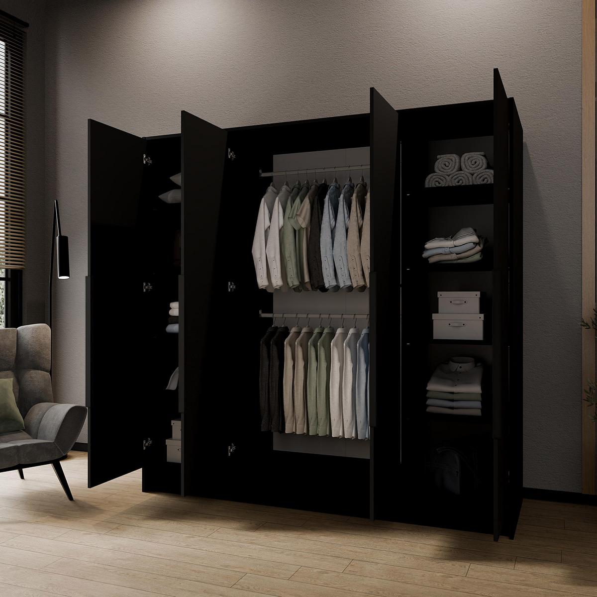 DREHTÜRENSCHRANK Pavia ohne Spiegel, Schwarz mit mit schwarzen Griffen, 200 cm - Schwarz, Holzwerkstoff (200/200/51cm) - Beautysofa