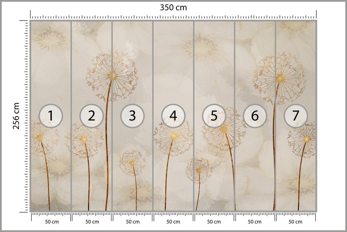 FOTOTAPETE für Schlafzimmer Goldene Löwenzahn Aquarell Blumen 350x256 - Gelb/Beige, Papier (350/256cm) - Muralo