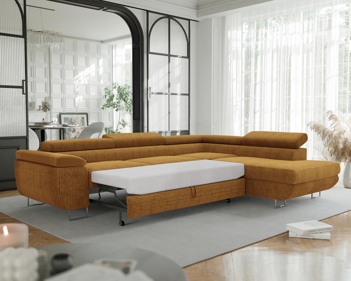 ECKSOFA ANTON rechts, mit Schlaffunktion und Bettkasten Senfgelb - Currygelb/Chromfarben, Textil/Metall (274/203cm) - Idohome