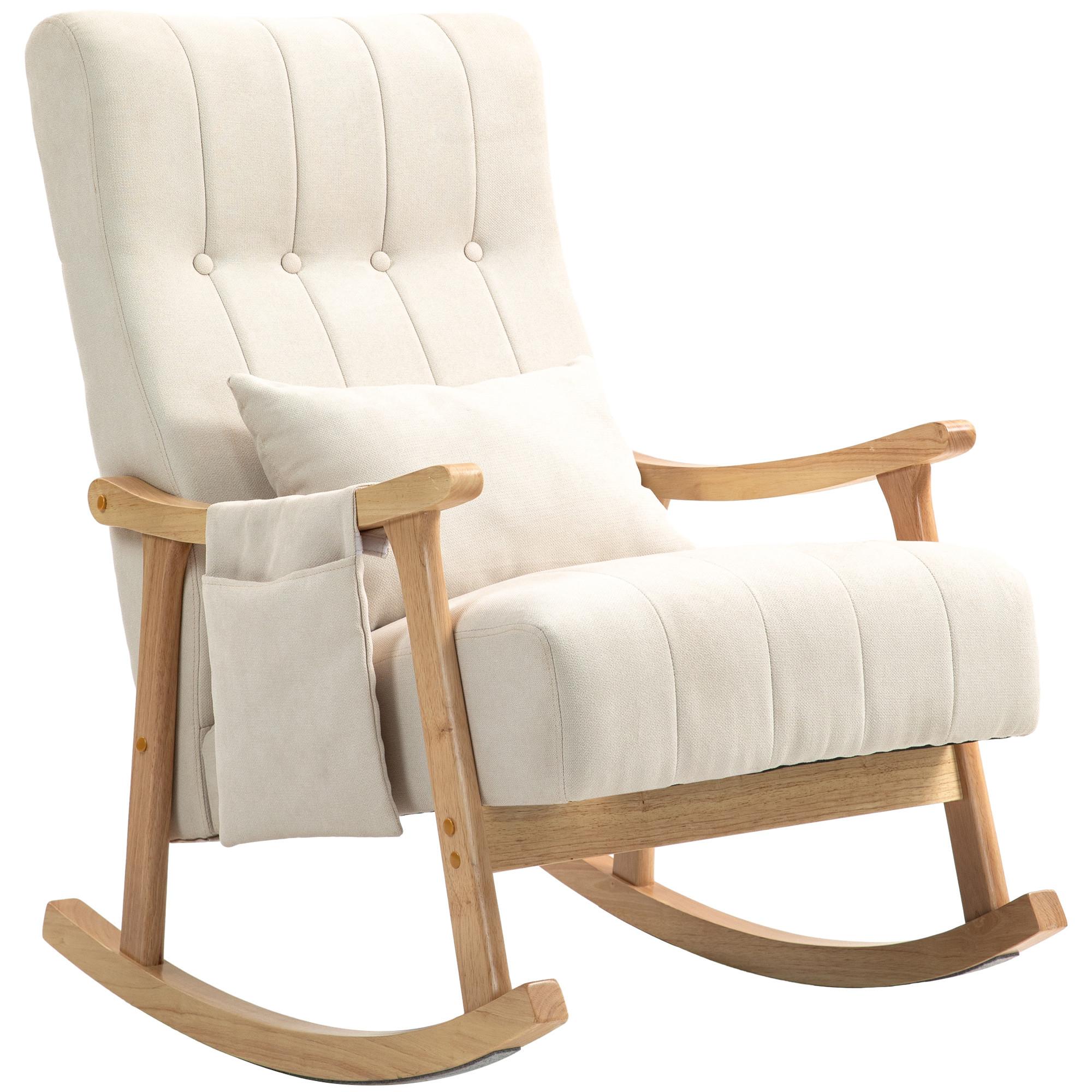 SCHAUKELSTUHL Schaukelsessel mit Lendenkissen, Seitentasche für Wohnzimmer Beige - Beige/Naturfarben, Holz/Buchenholz (65/98/90cm) - HOMCOM
