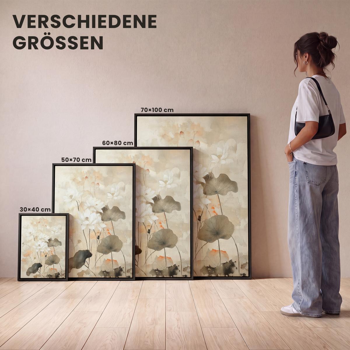 LEINWAND Bilder mit Rahmen - Blumen - Japandi - Wabi sabi - 50x70 - Sandfarben, Textil (50/70cm) - MuchoWow