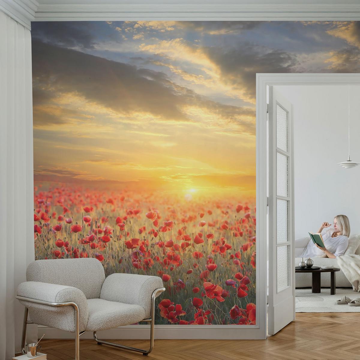 FOTOTAPETE 152x104 cm - Mohnfeld - Rot, Textil (152/104cm) - Wallfluent