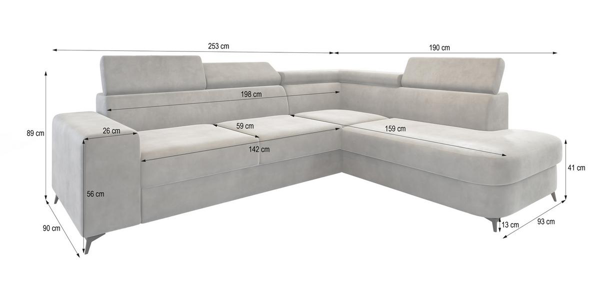 ECKSOFA ALVORO L-S Grau Velours-Stoff mit Schlaffunktion - Grau, Holz (253/190cm) - MASSENO