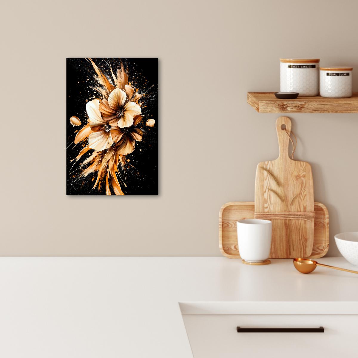 LEINWANDBILD Blumen - Gold - Graffiti - Schwarz - Abstrakt Deko Wohnzimmer 20x30 cm - Cappuccino, Textil (20/30cm) - MuchoWow