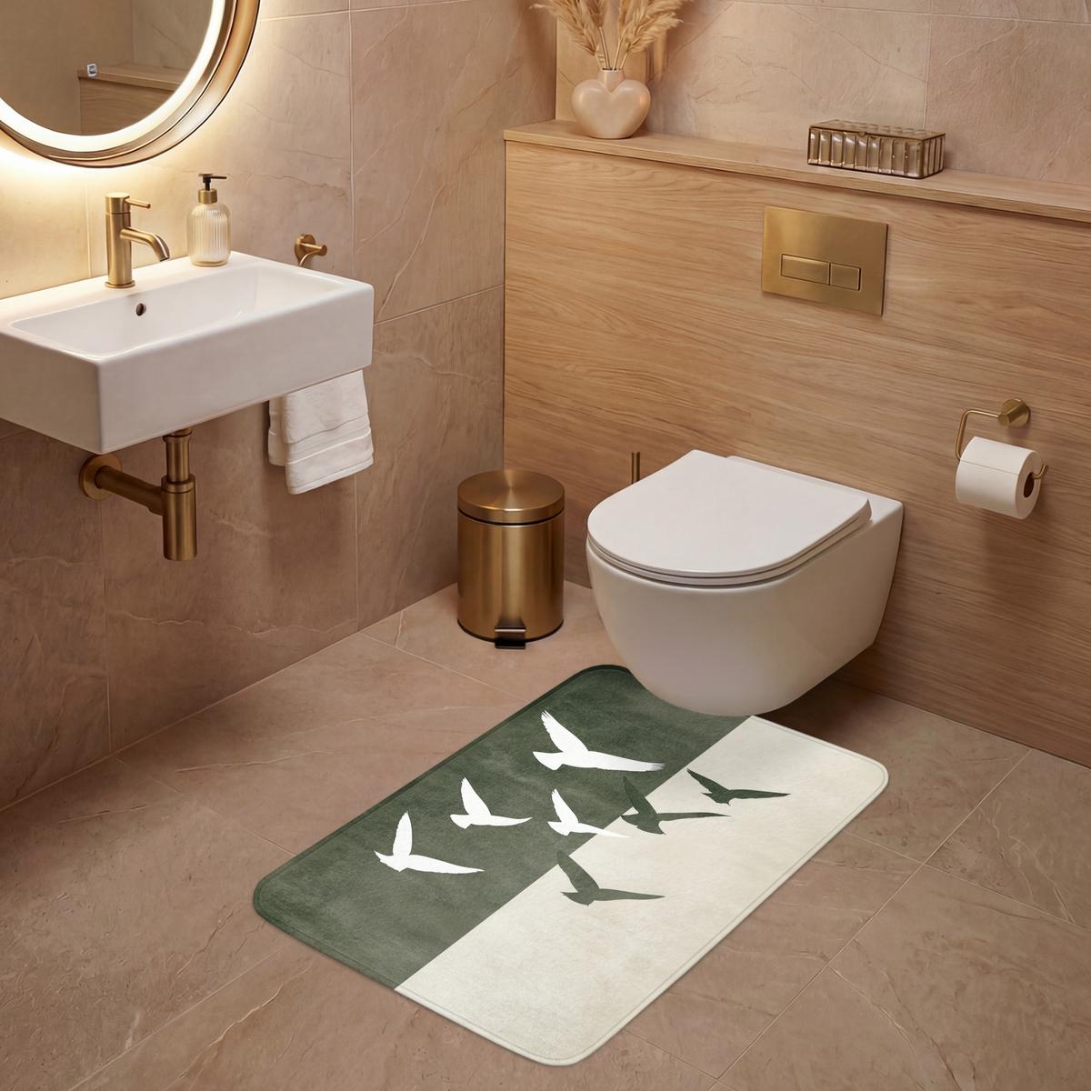 WC-VORLEGER Japandi - Vogel - Grün Toilettenvorleger 60x90 cm - Olivgrün, Textil (60/1cm) - OnlyWow