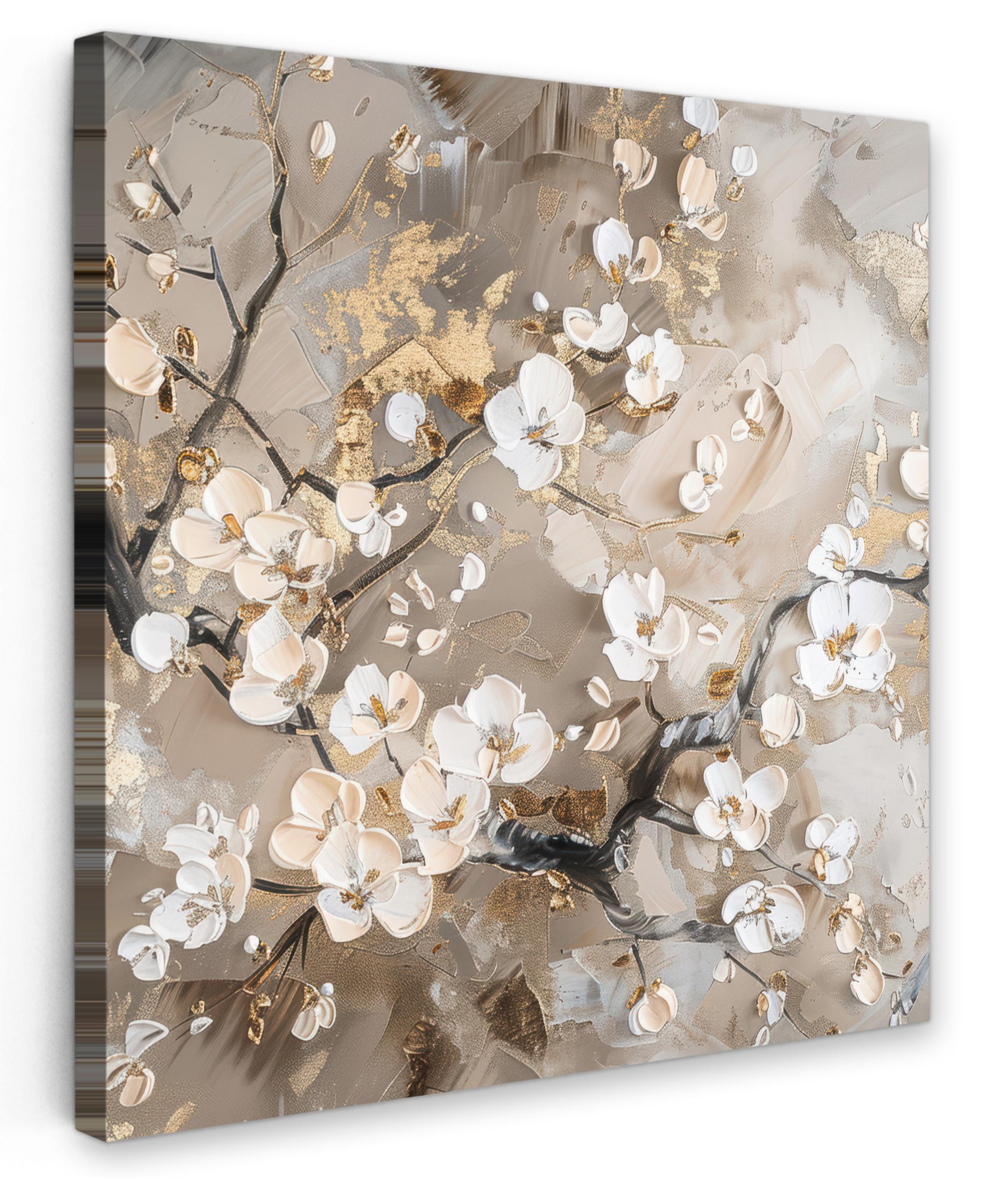 LEINWANDBILD Blumen - Weiß - Gold - Beige - Luxus Deko Groß 90x90 cm - Greige, Textil (90/90cm) - MuchoWow