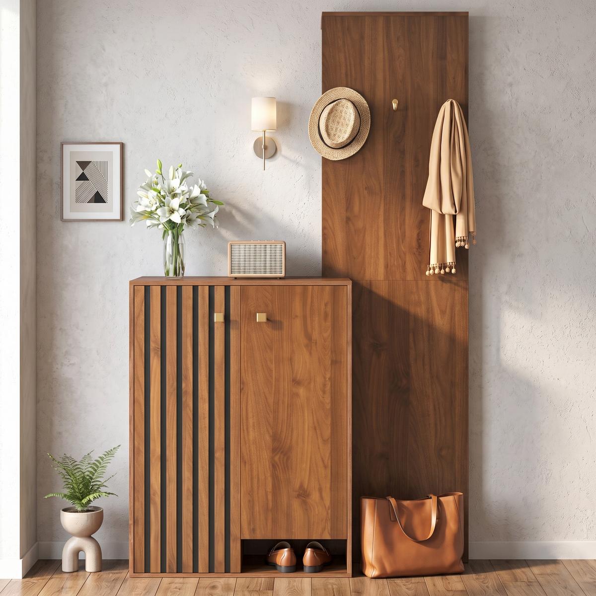 KOMPAKTGARDEROBE in Walnuss-Optik – mit Schuhschrank & Paneel - Walnussfarben, Holzwerkstoff (115/191.5/38.5cm) - Urban Meuble