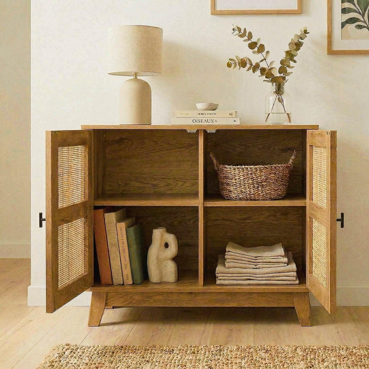 SIDEBOARD mit 2 Türen aus natürlichem Rattan 35/75/80 cm - Nussbaumfarben, Holzwerkstoff (35/75/44.5cm) - Calicosy