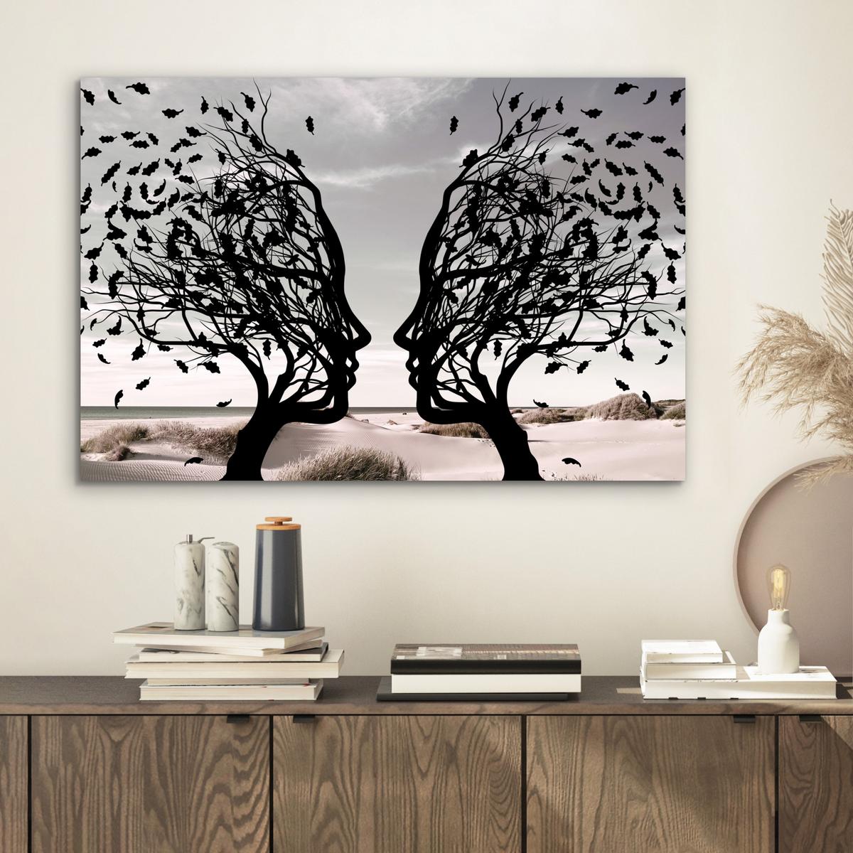 METALLBILD Strand - Meer - Menschen - Baum - Moderne Kunst Wandbild 60x40 cm - Hellgrau, Metall (60/40cm) - MuchoWow