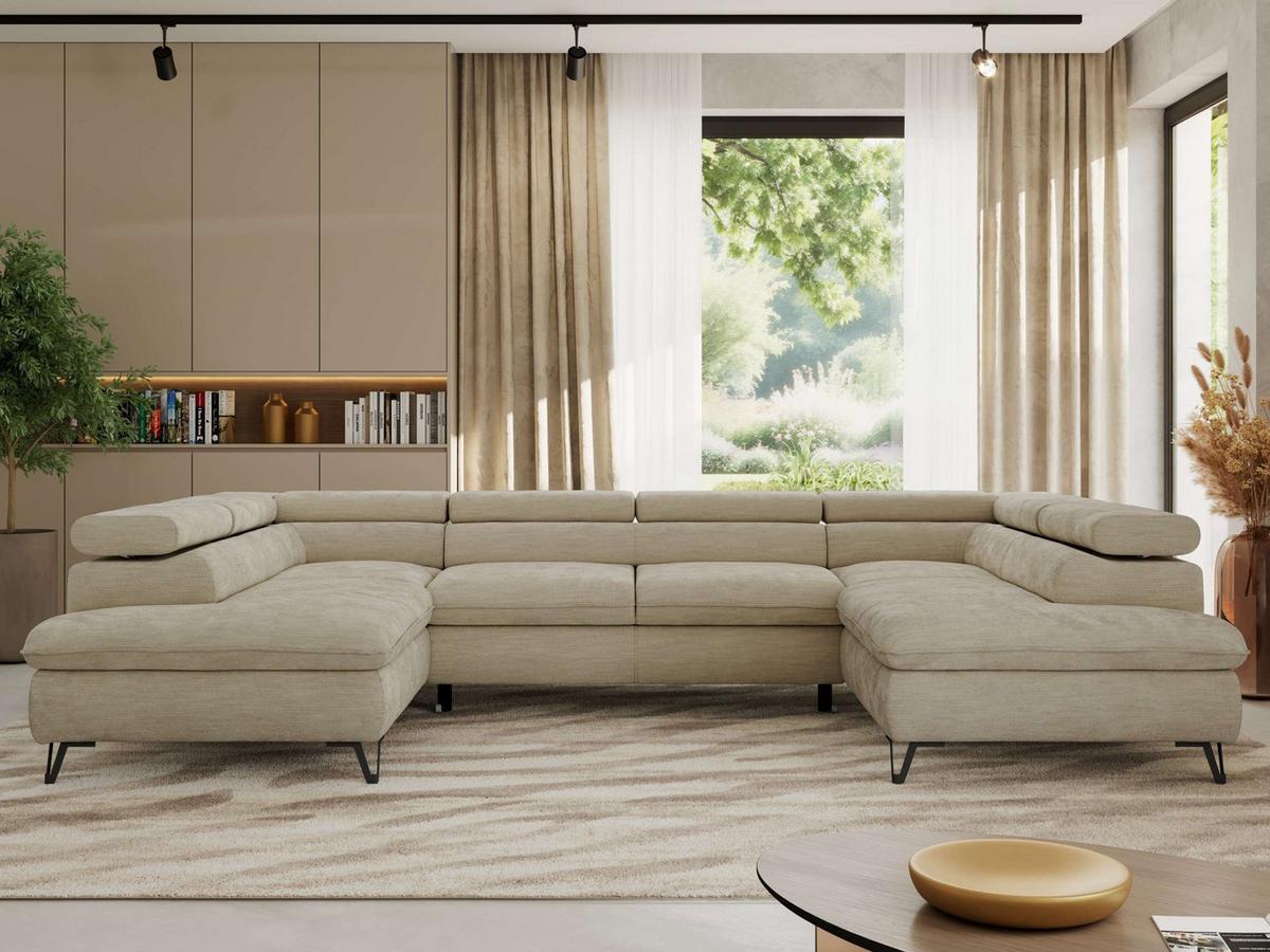 WOHNLANDSCHAFT PABLO U Schenille glatt Beige - Beige/Schwarz, Textil/Metall (346/76/208cm) - MKS