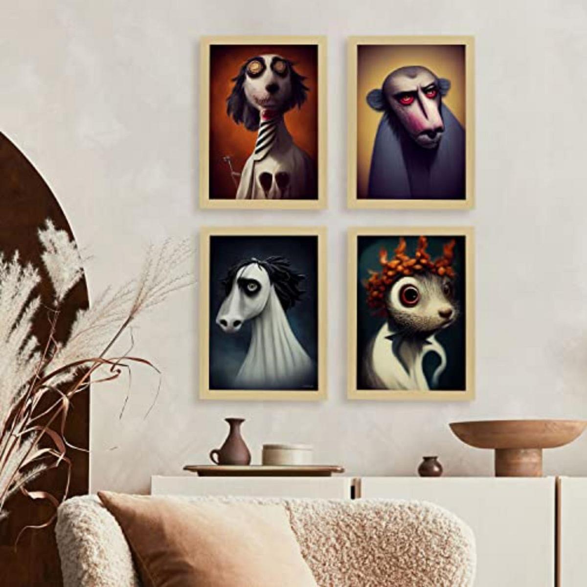 POSTER Set mit 4 Neugierig Tier im T Burton Goth Stil A3 Weißer Rahmen - Weiß, Papier (29.7/3cm) - Nacnic