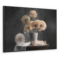 LEINWAND Bilder mit Rahmen - Blumensamen - Löwenzahn - Vase - Stilleben - Blumenstrauß - 100x70 - Dunkelgrau, Textil (100/70cm) - MuchoWow