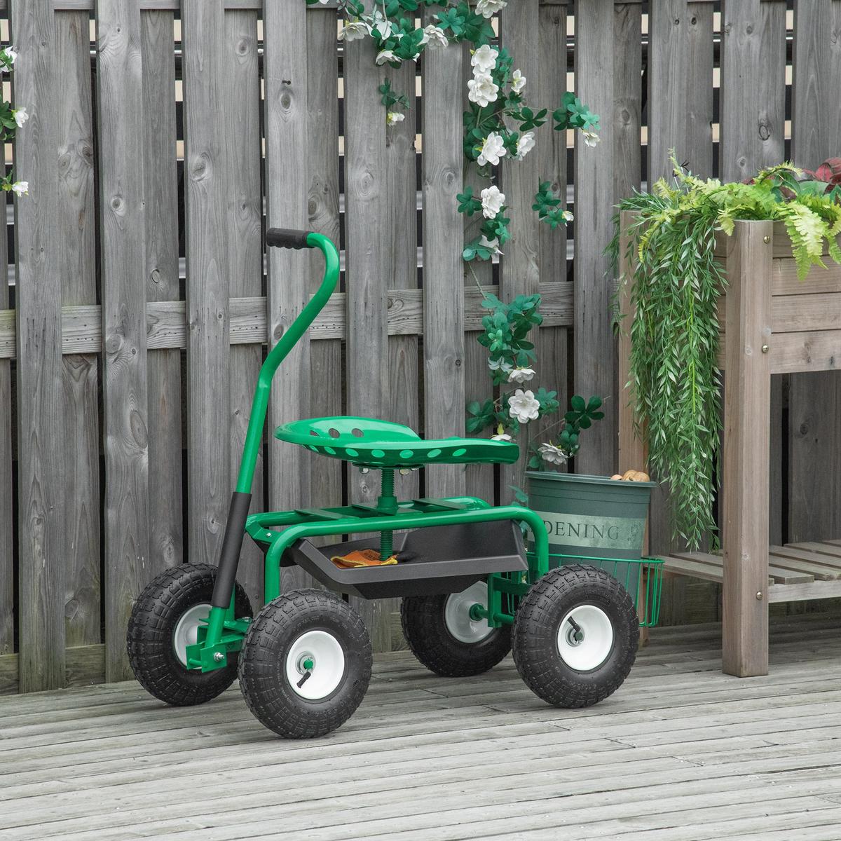 GARTENWAGEN mit Rollsitz bis 150 kg mit Ablage Korb für kleine Gartengeräte - Grün, Metall (45/87/98cm) - Outsunny