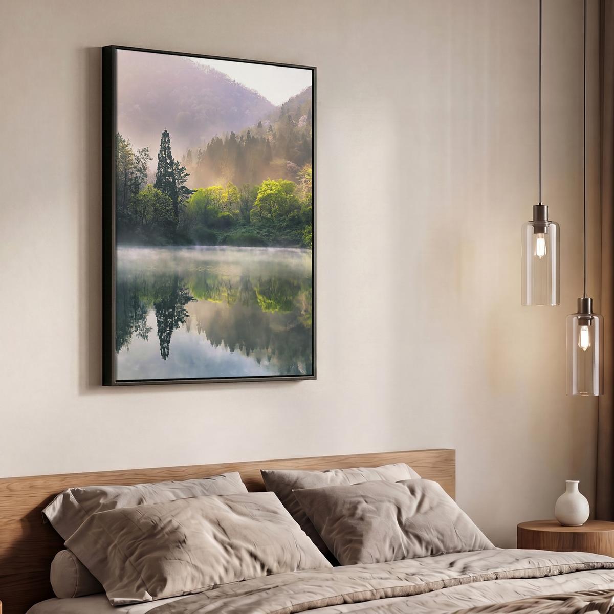 LEINWAND Bilder mit Rahmen - Natur - Bäume - Berge - See - Wasser - 70x100 - Hellgrün, Textil (70/100cm) - MuchoWow