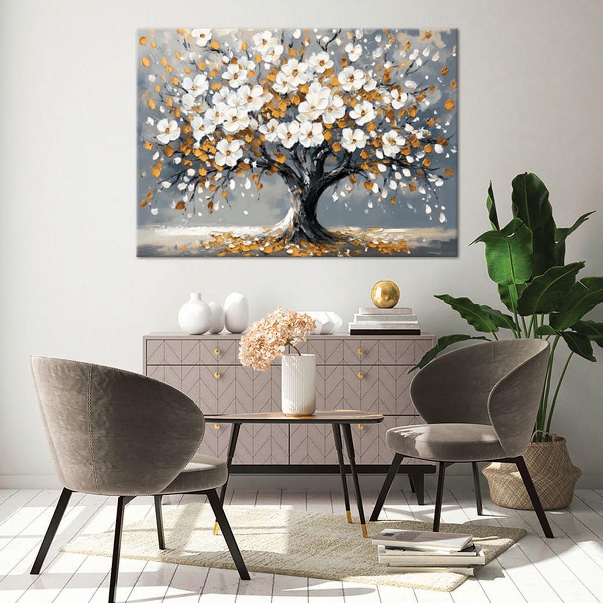 WANDBILD baum des lebens blüht goldene blätter - Weiß, Textil (60/40cm) - Feeby