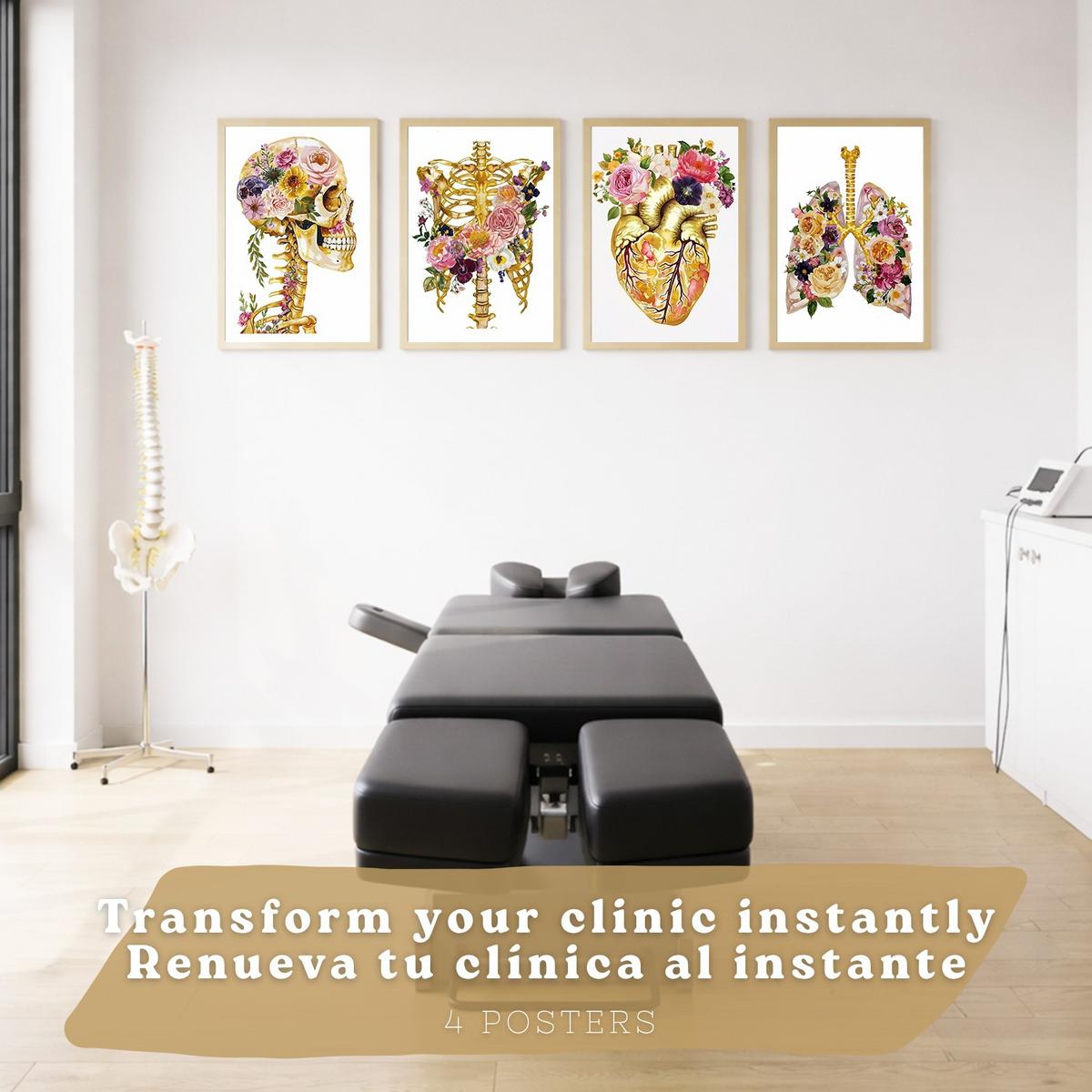 POSTER Set aus 4 Anatomie Mensch Drucke und Wandbilder mit Schädel Skelett Herz und Goldene Lungen Wanddekoration Größe Leichter Holzrahmen A4 - Beige, Papier (21/29.7/3cm) - Nacnic