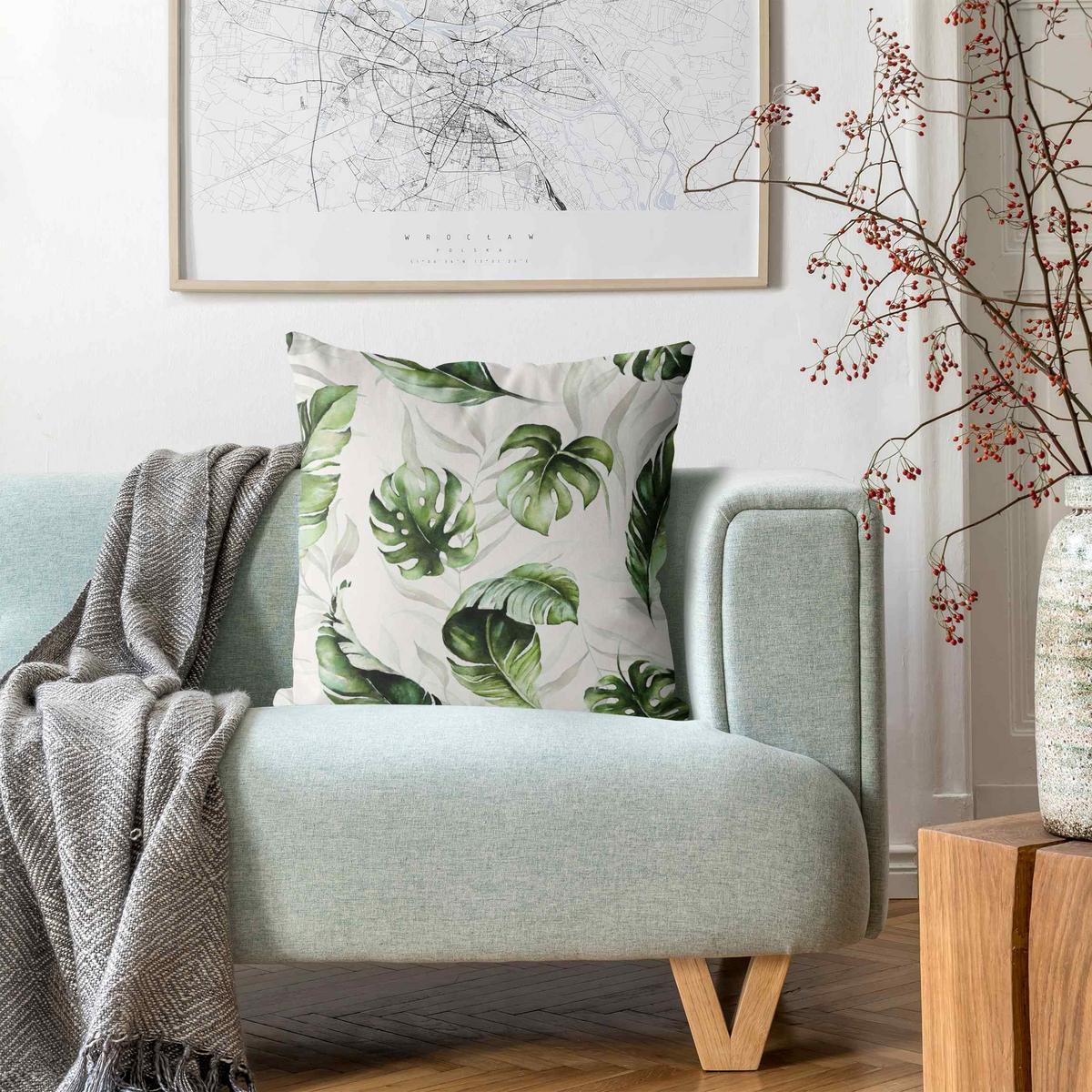 KISSENBEZUG Aquarell Pflanzen Monstera und Palmenblatt 40/40 cm - Grün, Textil (40/40cm) - Bilderwelten