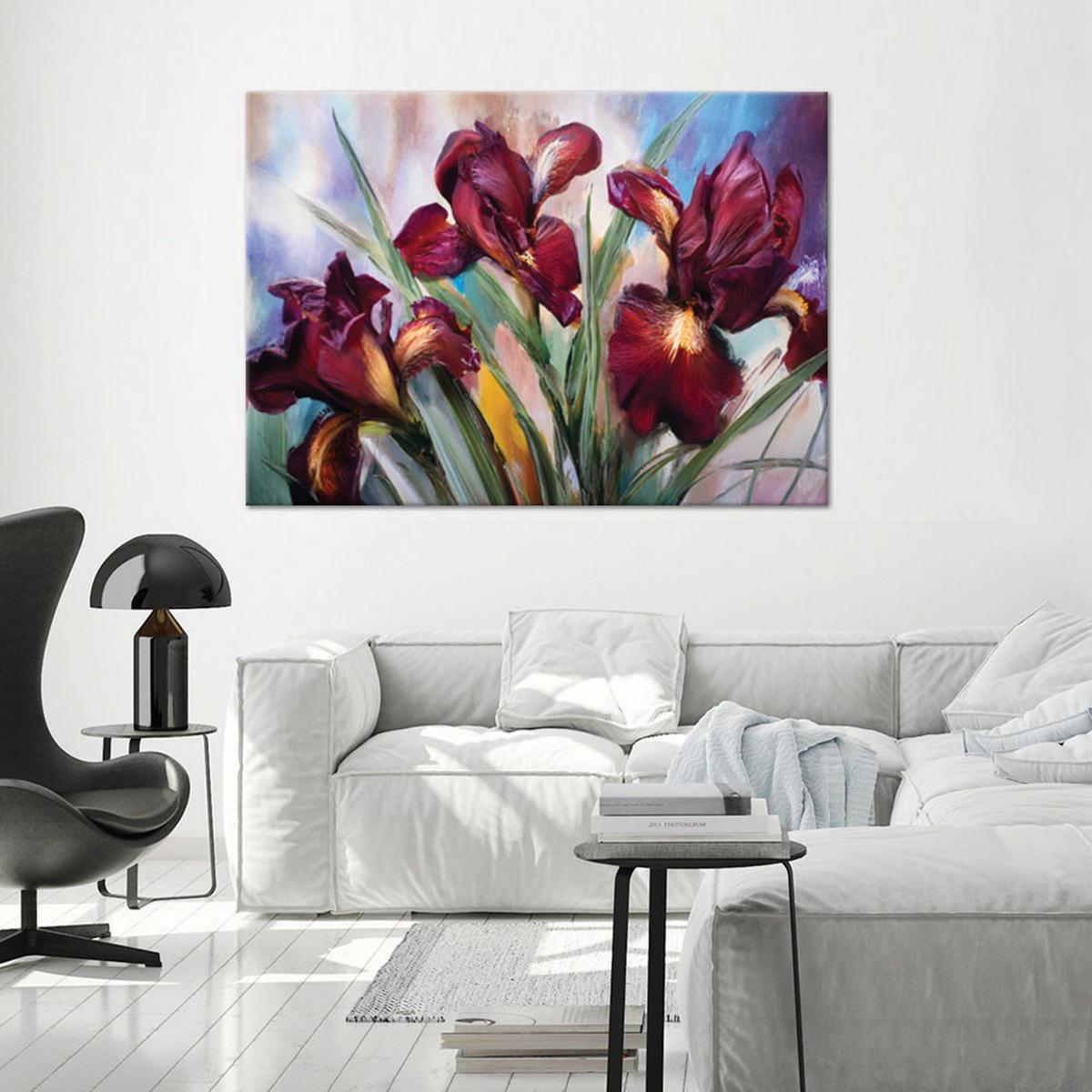 WANDBILD rot bemalte irisblumen - Rot, Textil (60/40cm) - Feeby