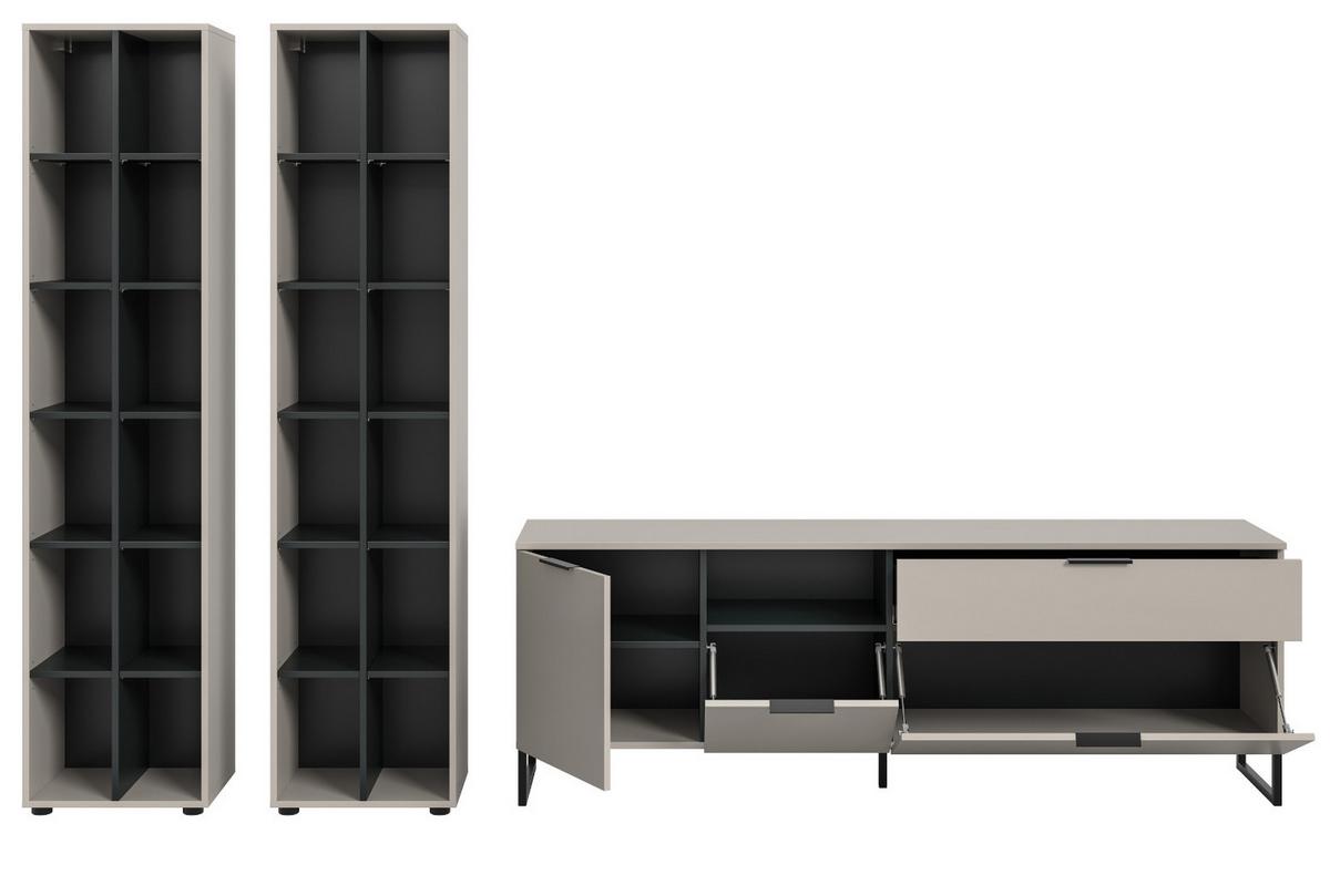 WOHNWAND kaschmir, schwarz 305 cm, Wohnzimmerschränke mit Soft-Close - Kaschmir/Schwarz, Holzwerkstoff/Kunststoff (305/192/41cm) - Inn.Furn