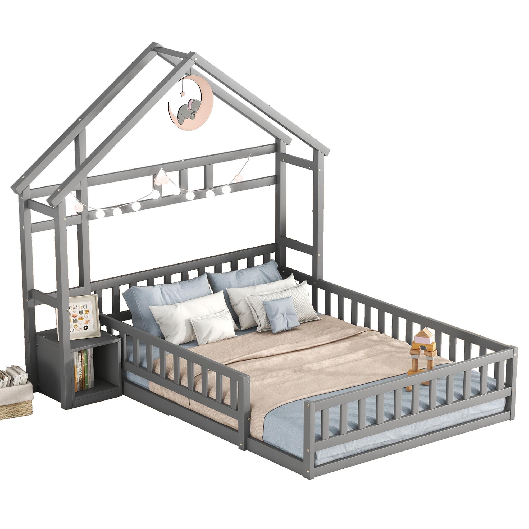 KINDERBETT 140x200 cm Hausbett Grau – Massivholz Bett mit Geländer & Nachttisch - Grau, Holz - Urban Meuble