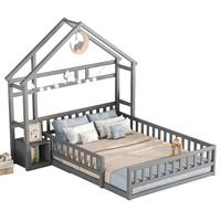 KINDERBETT 140x200 cm Hausbett Grau – Massivholz Bett mit Geländer & Nachttisch - Grau, Holz - Urban Meuble