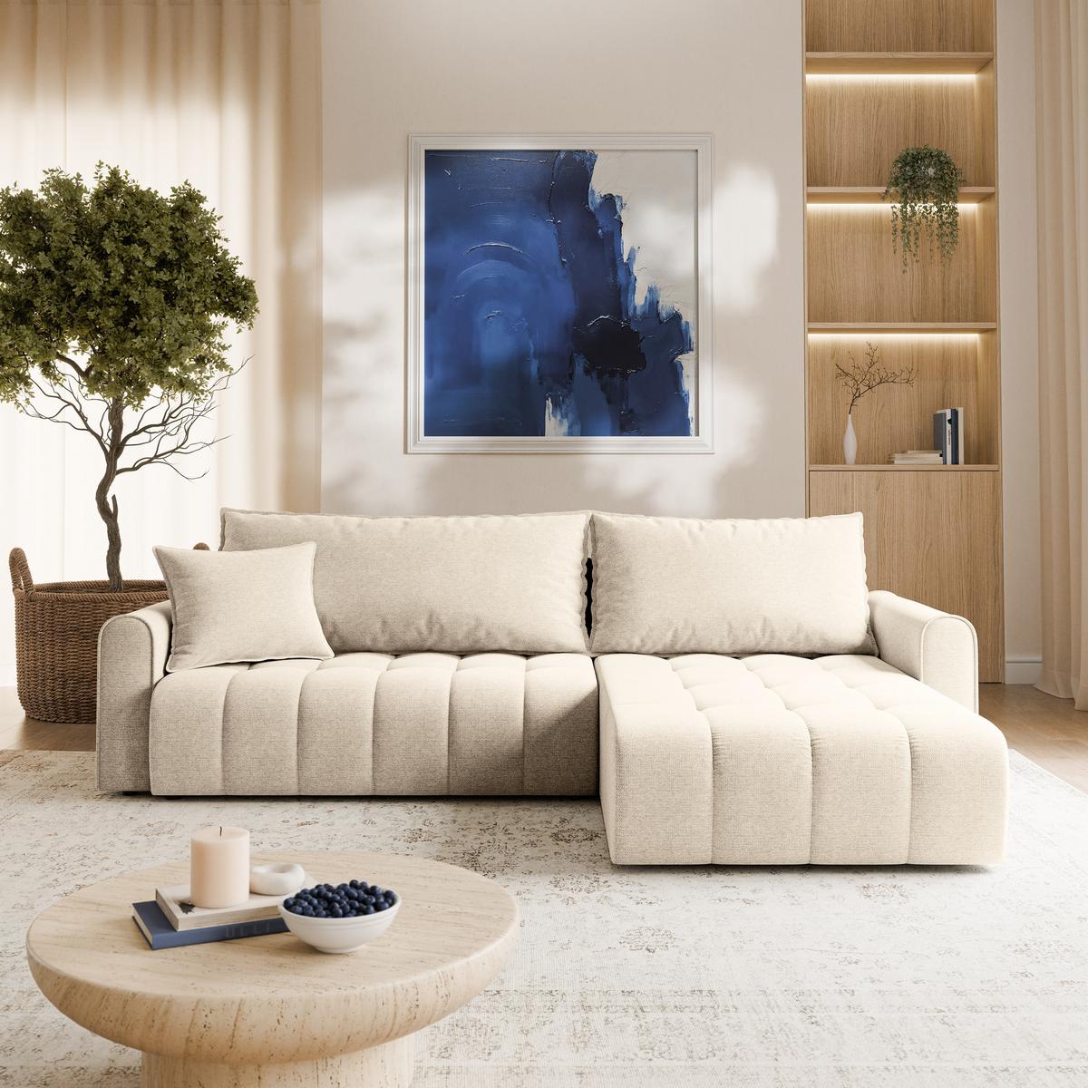 ECKSOFA FRIGA Creme Strukturstoff mit Schlaffunktion - Creme, Holz (283/185cm) - MASSENO