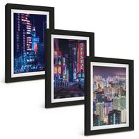 BILDER SET 3er Set - 20x30 cm Schwarzer Rahmen - Neonlichter der nächtlichen Stadt - Schwarz, Kunststoff (20/30cm) - TULUP