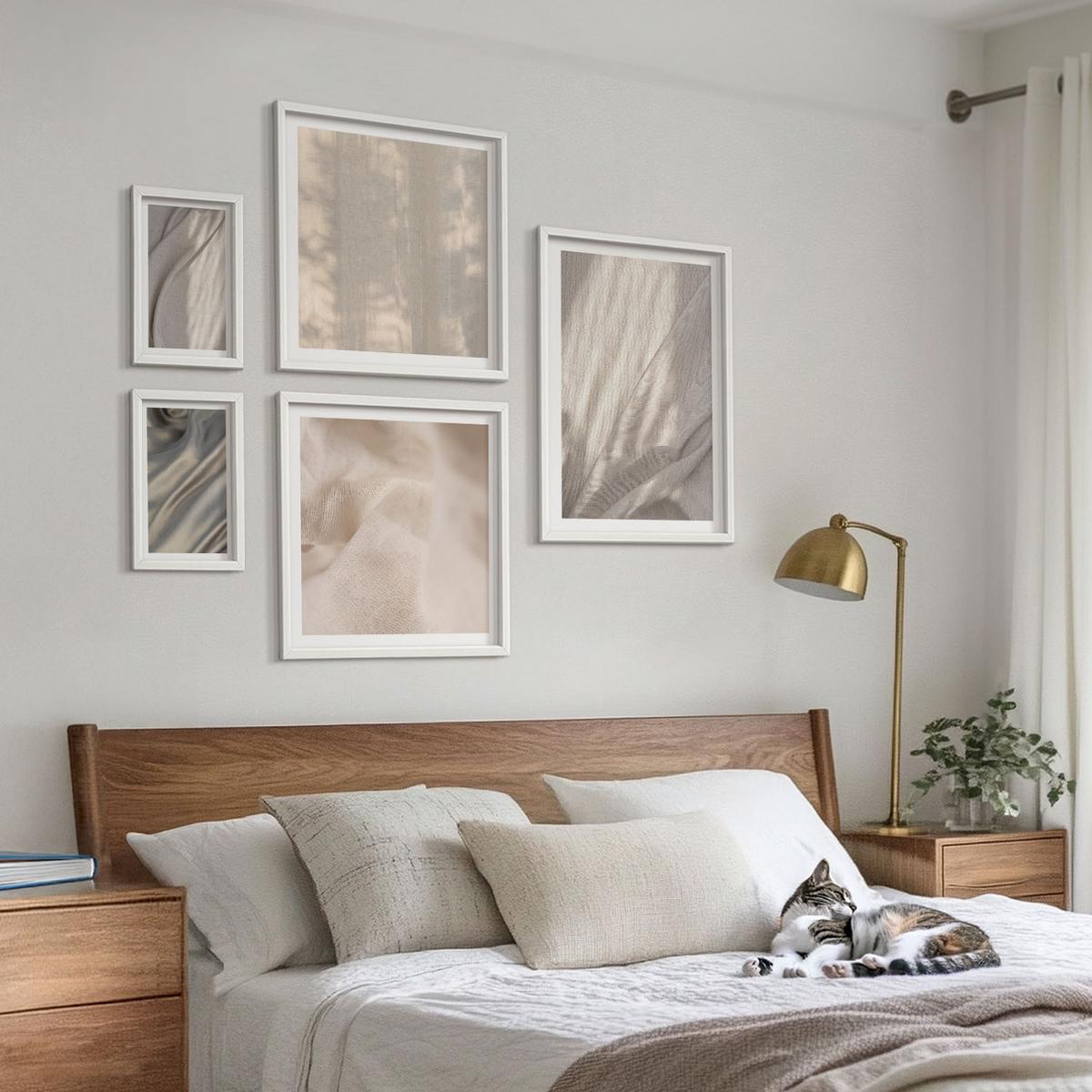 BILDER SET 5er Set - 50x50 cm & 20x30 cm & 40x60 cm Weißer Rahmen - Nahaufnahme von natürlichen Boho-Stoffen - Weiß, Kunststoff (40/60cm) - TULUP